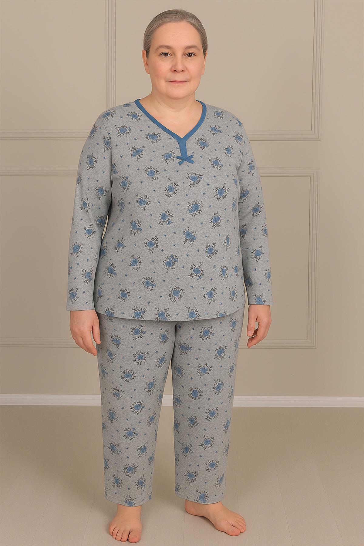 Kadın Desenli Biye Yakalı Uzun Kol Altı Uzun Penye Anne  Pijama Takım