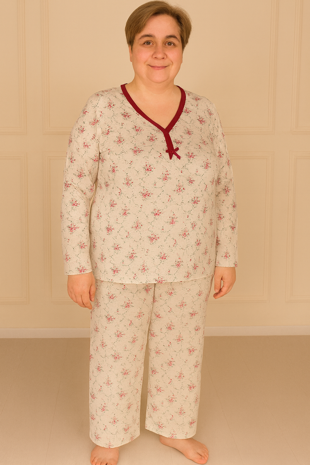 Kadın Desenli Biye Yakalı Uzun Kol Altı Uzun Penye Anne  Pijama Takımı