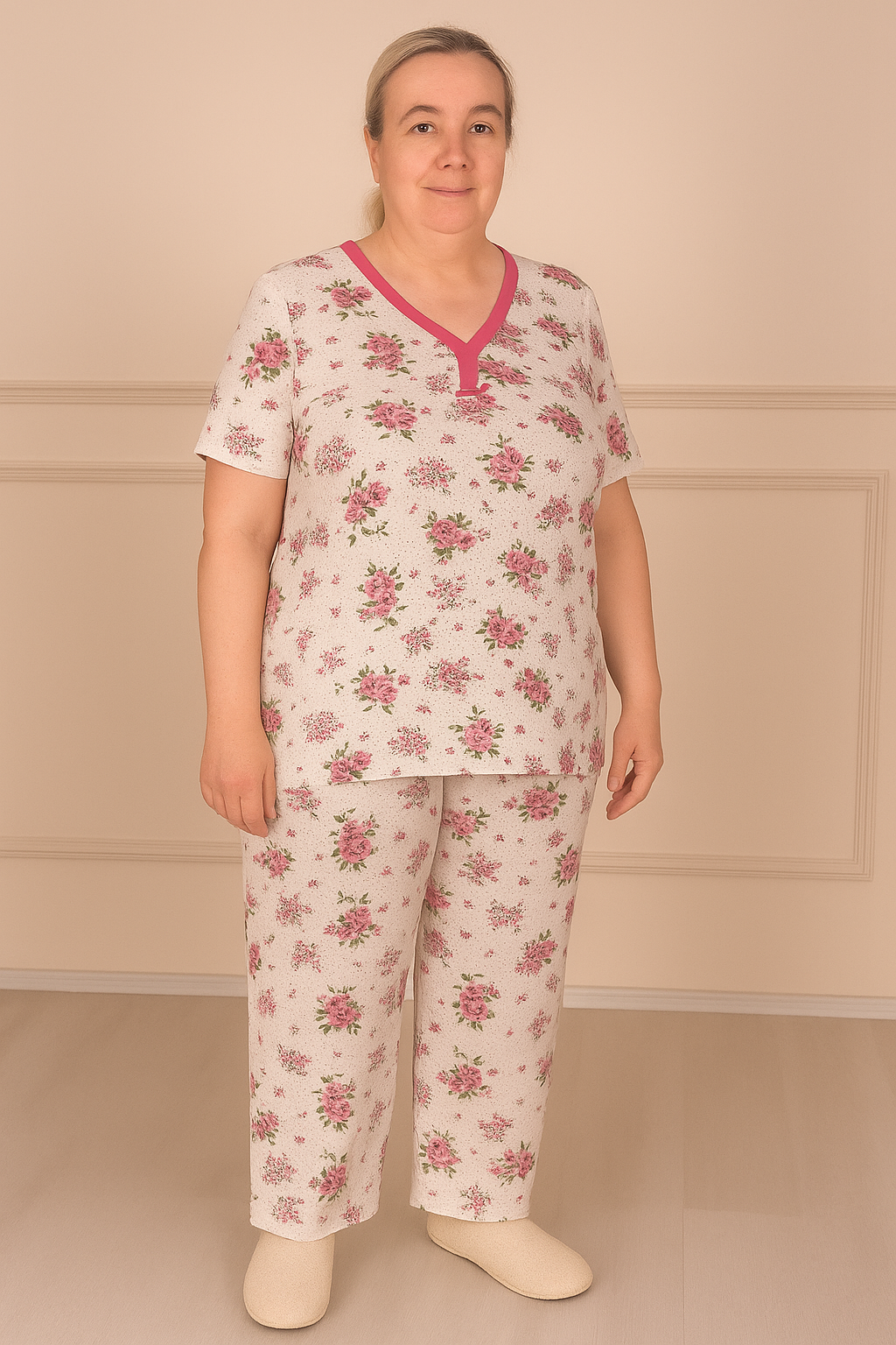 Kadın Desenli Biye Yakalı Uzun Kol Altı Uzun Penye Anne  Pijama Takım