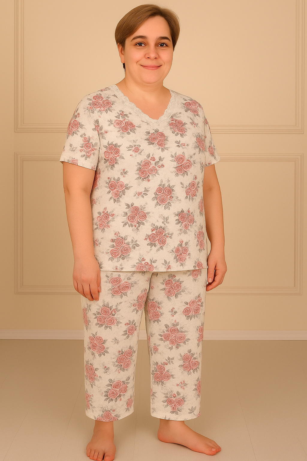 Kadın Desenli Dantel Yaka Kısa Kol Altı Uzun Penye Anne  Pijama Takım