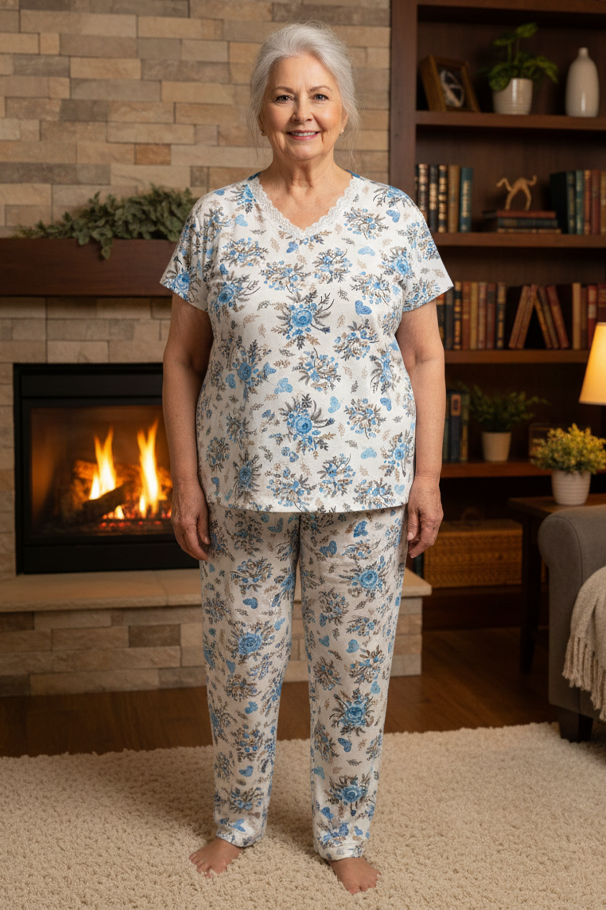 Kadın Desenli Dantel Yaka Kısa Kol Altı Uzun Penye Anne  Pijama Takım