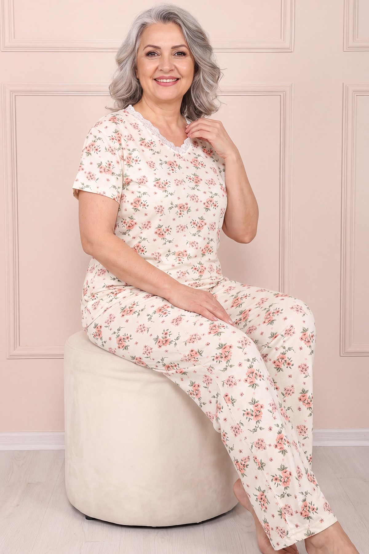 Kadın Desenli Dantel Yakalı Kısa Kol Altı Uzun Penye Anne  Pijama Takım