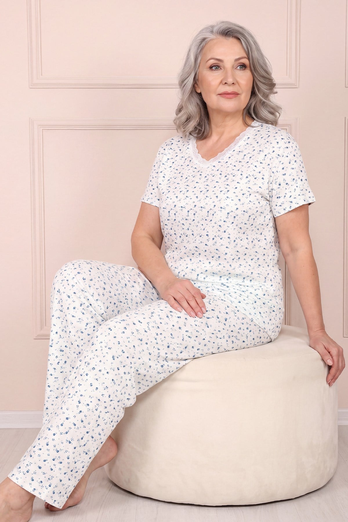 Kadın Desenli Dantel Yakalı Kısa Kol Altı Uzun Penye Anne  Pijama Takım