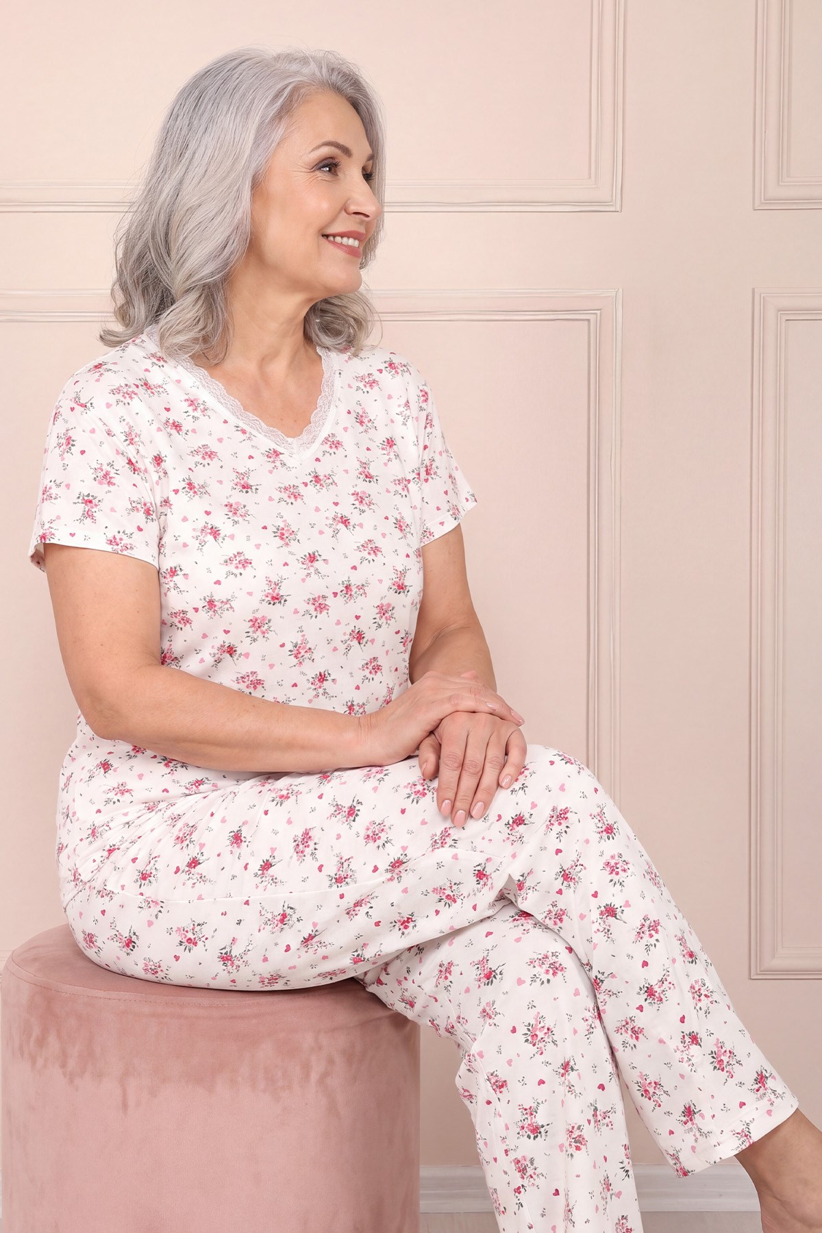 Kadın Desenli Dantel Yakalı Kısa Kol Altı Uzun Penye Anne  Pijama Takımı