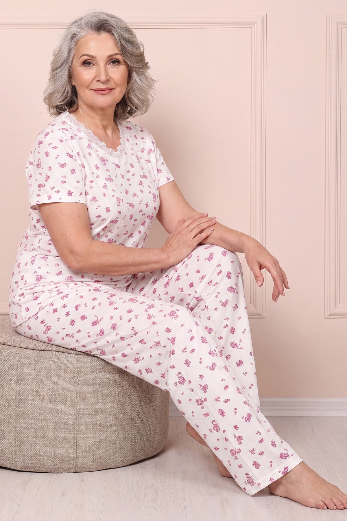 Kadın Desenli Dantel Yakalı Kısa Kol Altı Uzun Penye Anne  Pijama Takım