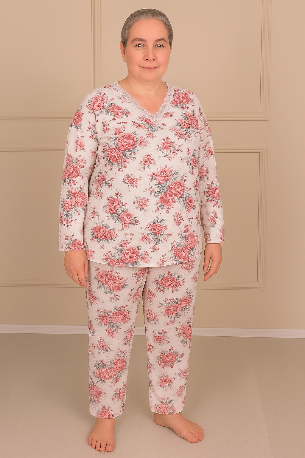Kadın Desenli Dantel Yakalı Uzun Kol Altı Uzun Penye Anne  Pijama Takımı