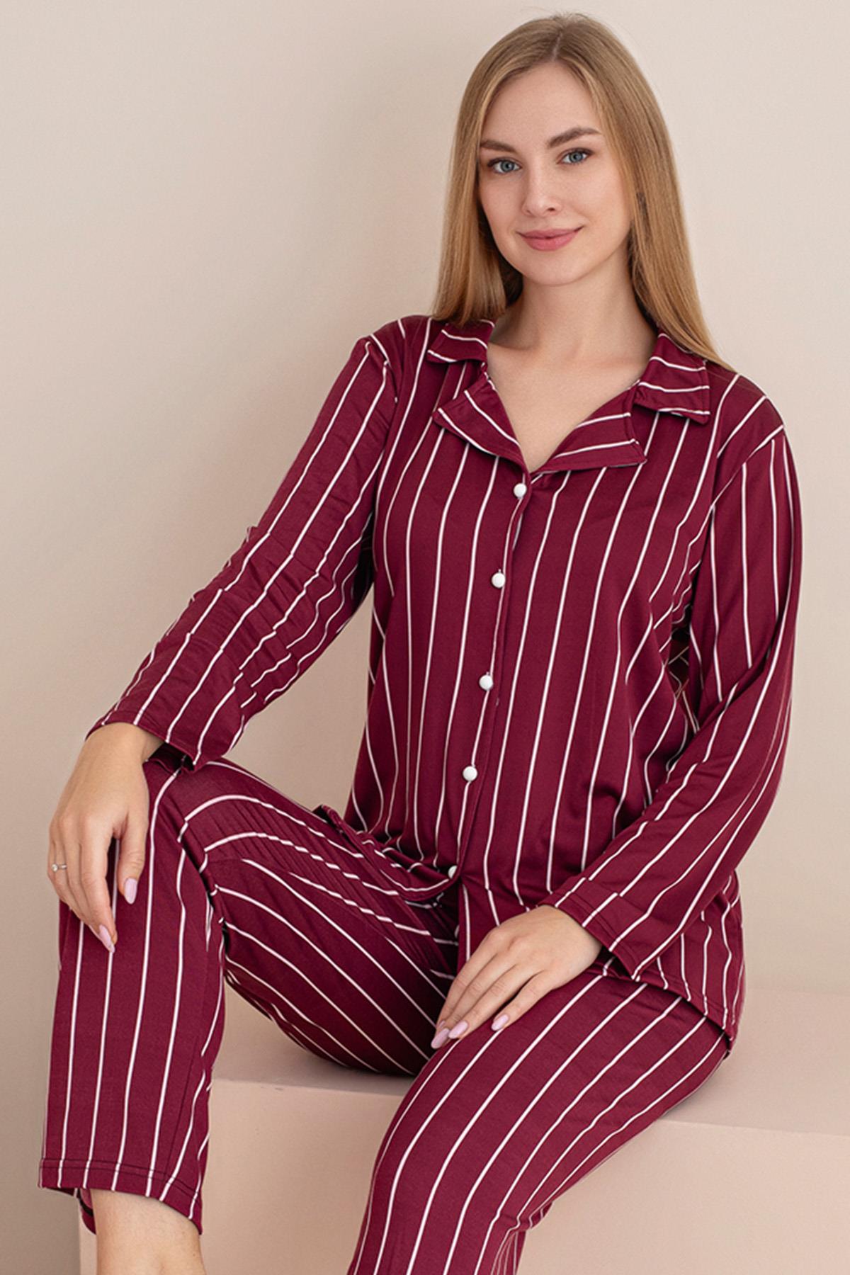 Kadın Dikey Çizgi Desenli Önü Düğmeli Uzun Kol Altı Uzun Milan Kumaş Pijama Takımı