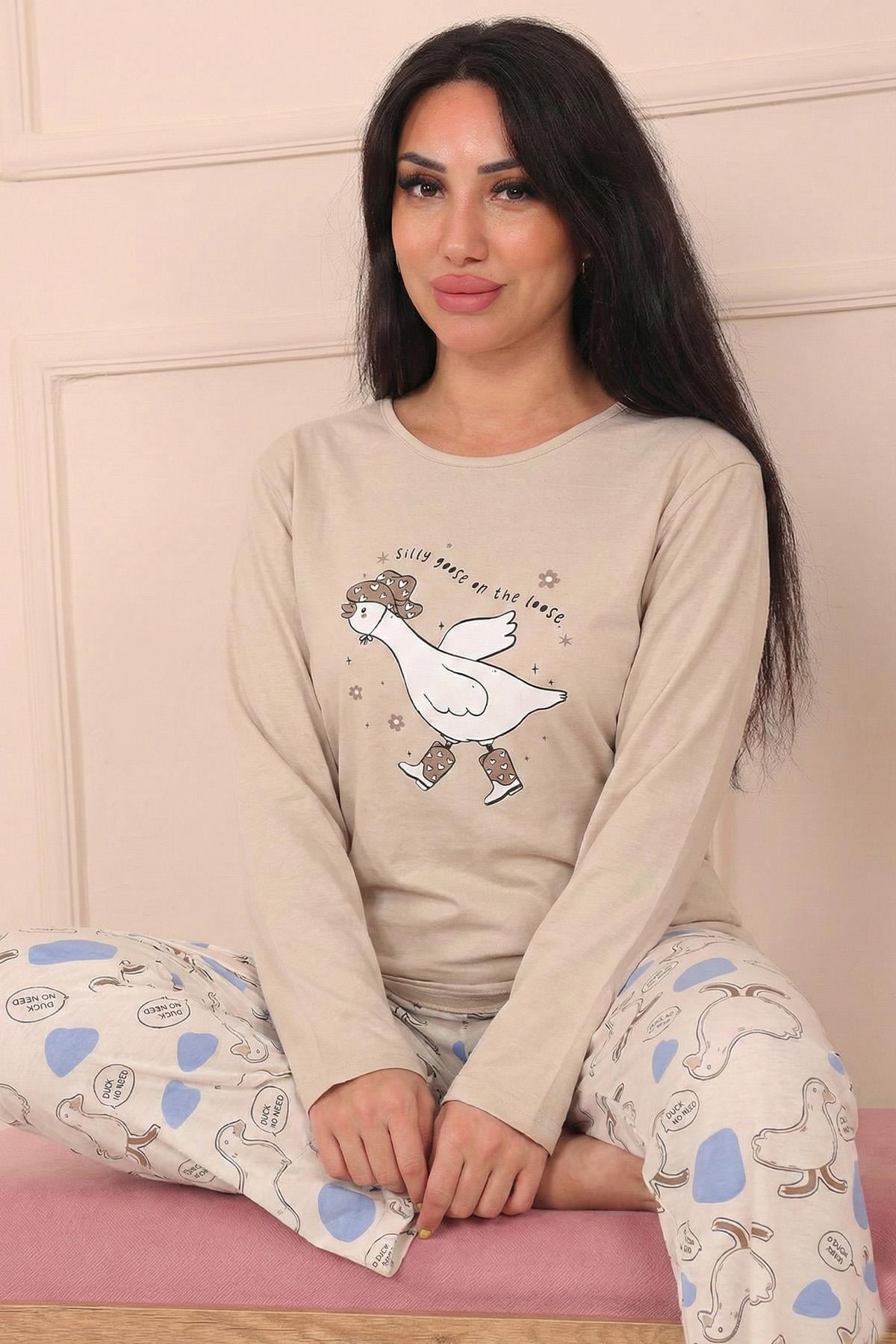 Kadın Duck Baskılı ve  Sloganlı Penye Pijama Takımı