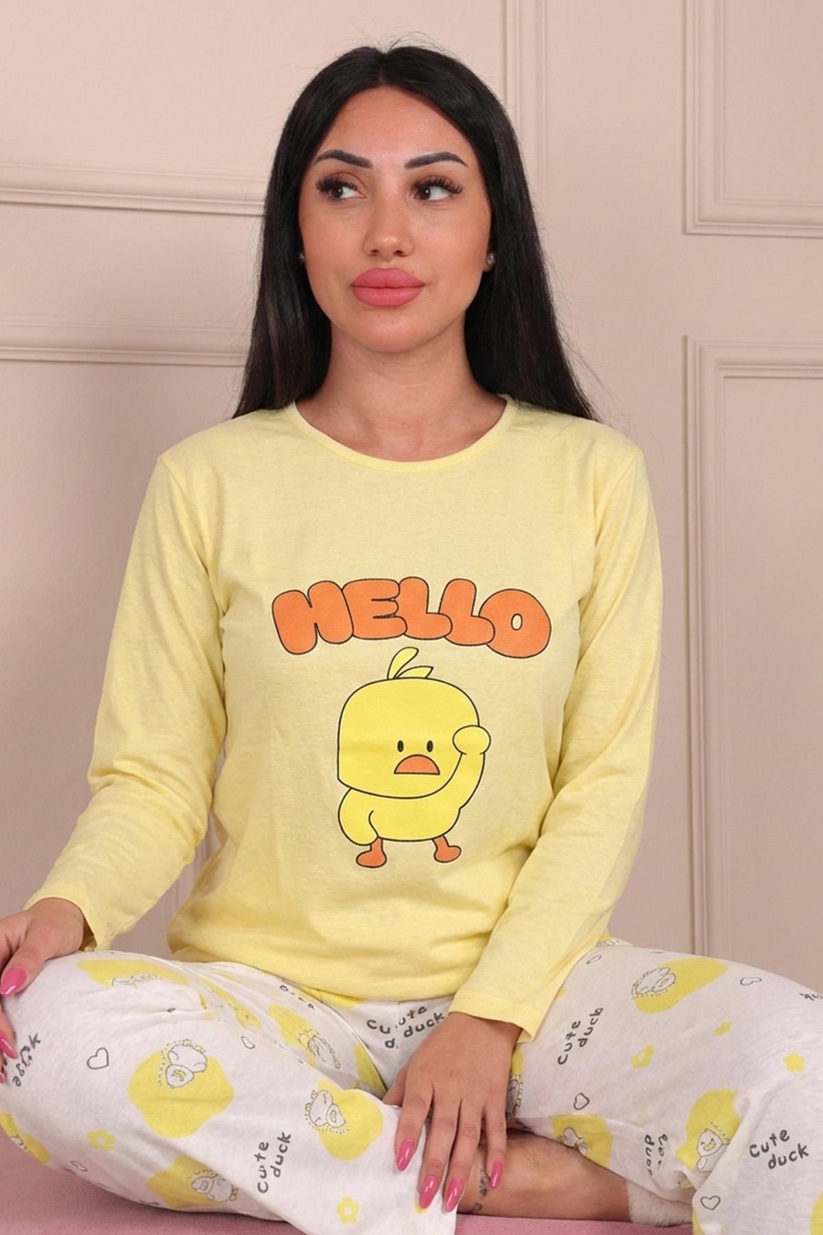 Kadın Hello Sloganlı ve Ördek Yavrusu Baskılı  Altı Desenli Bisiklet Yaka Uzun Kol Altı Uzun Penye Pijama Takımı