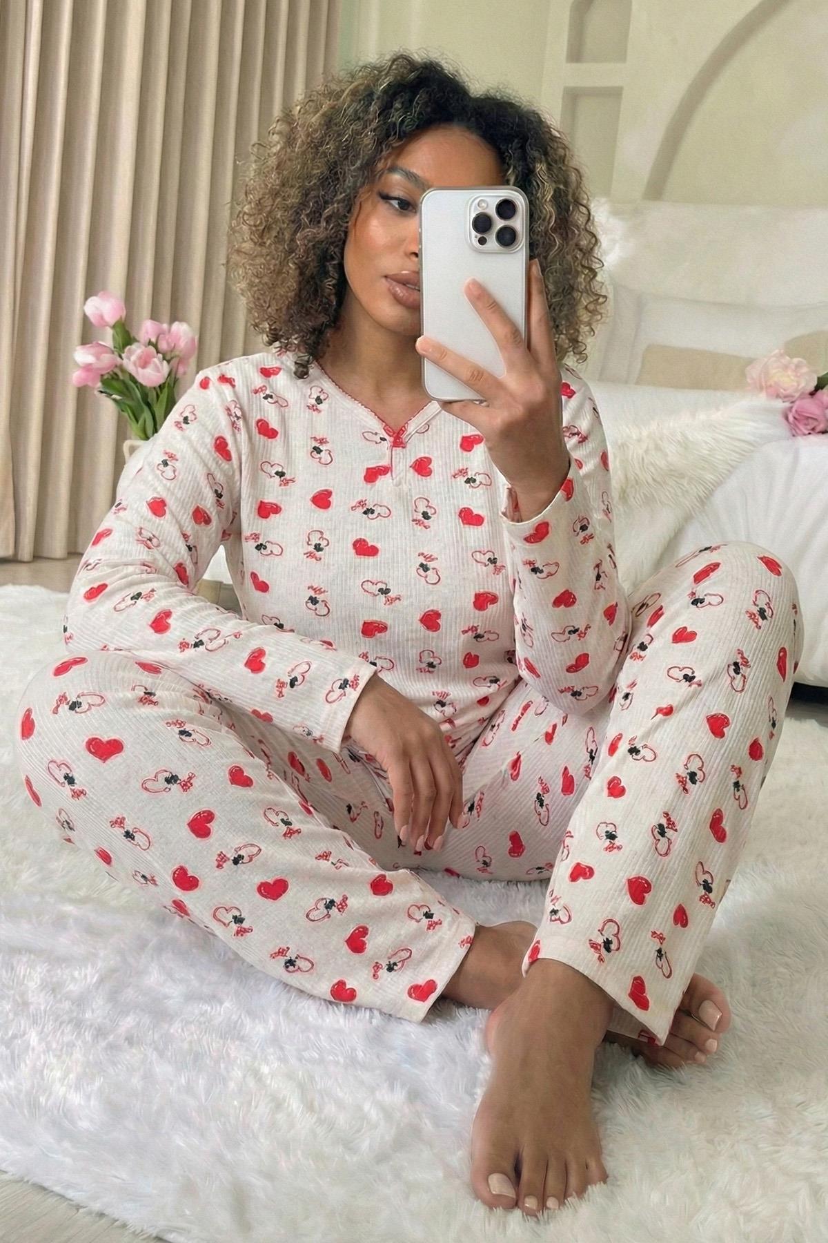 Kadın Kalp Desenli Fitilli Armut Yaka Uzun Kol Altı Uzun Pamuklu Pijama Takımı