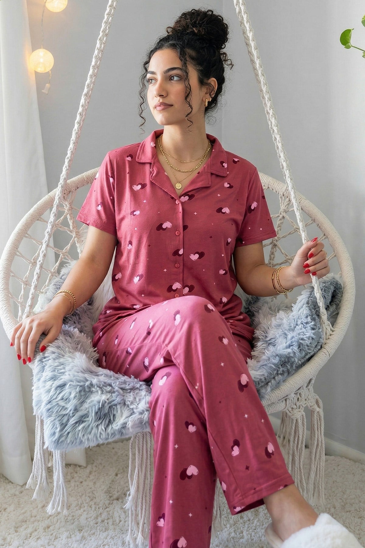 Kadın Kalp Desenli Gömlek Yaka Kısa Kol Altı Uzun Serin Tutan Milan Kumaş Pijama Takımı