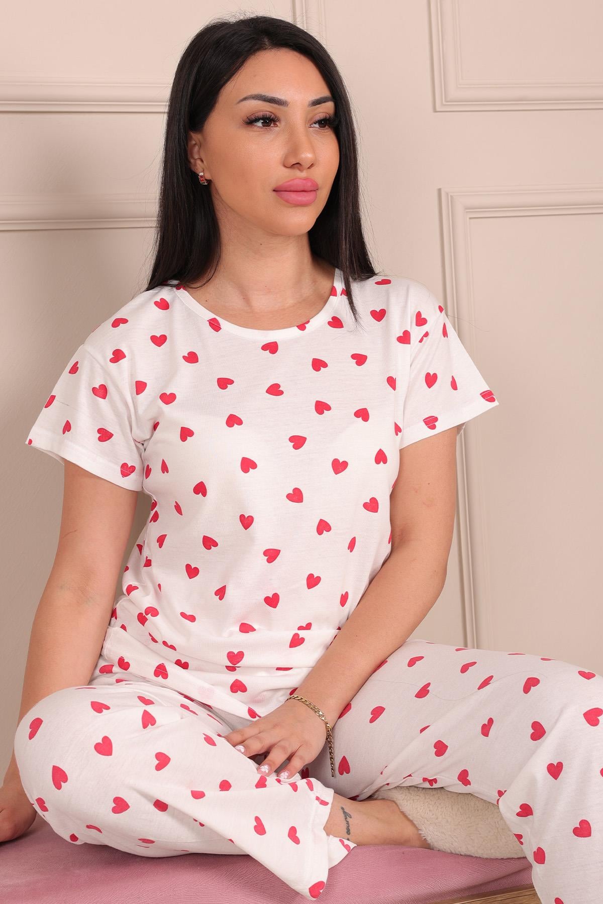 Kadın Kalp Desenli Kısa Kol Altı Uzun Penye Pijama Takımı BEYAZ