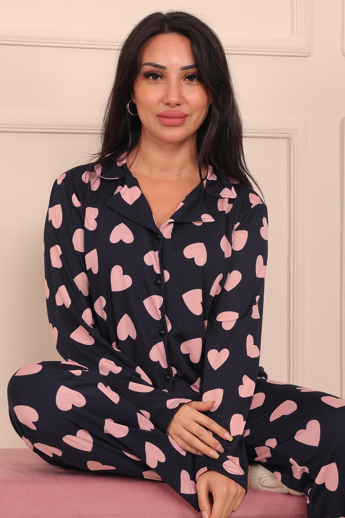 Kadın Kalp Desenli Önü Düğmeli Uzun Kol Altı Uzun Milan Kumaş Pijama Takımı