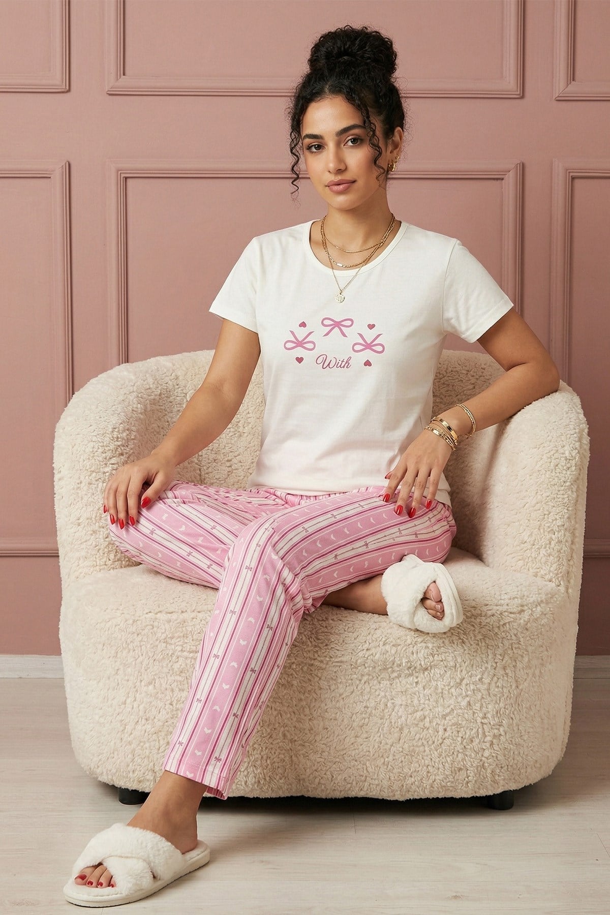 Kadın Kurdele Baskılı Kısa Kollu Pijama Takımı