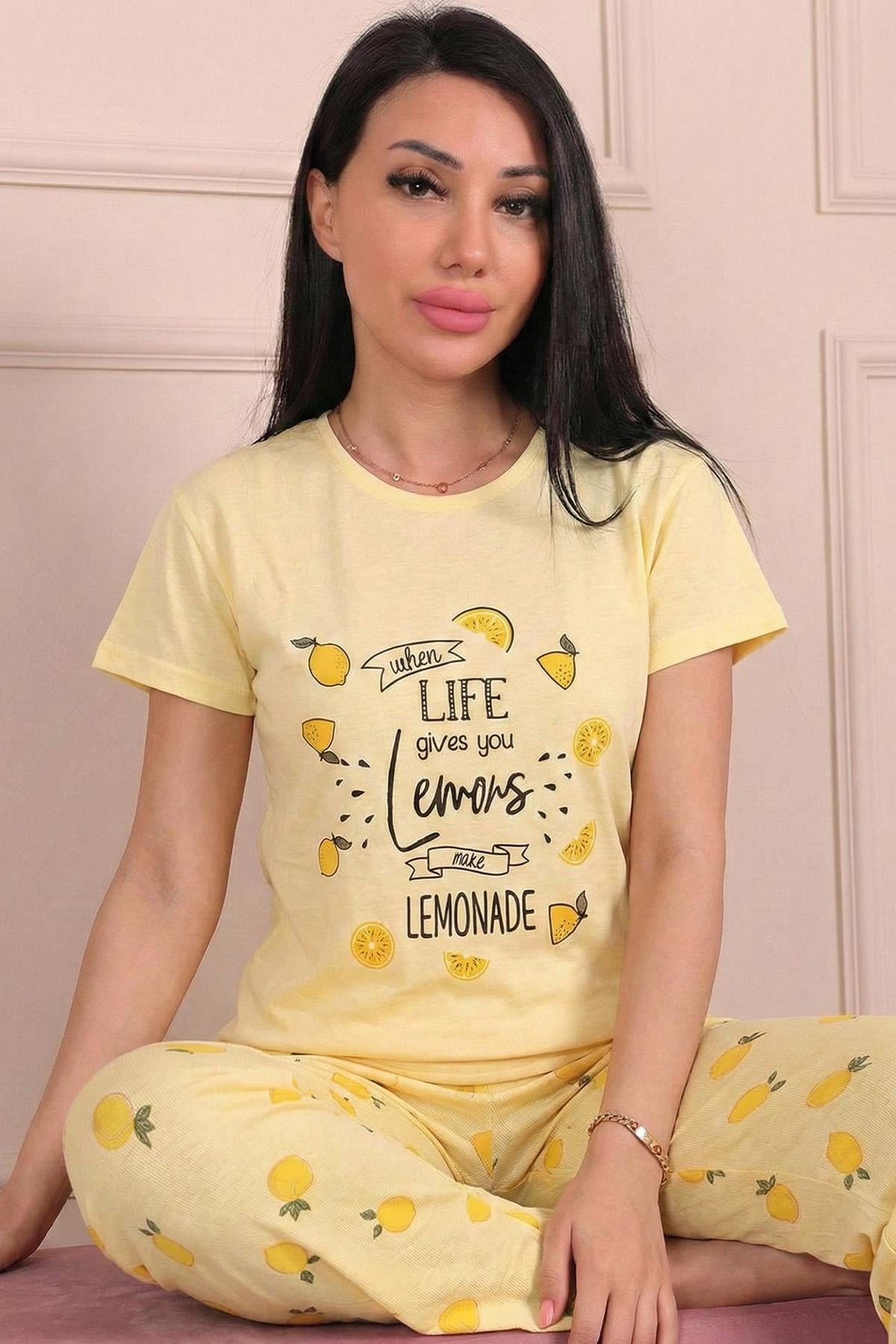 Kadın Lemons Yazılı ve Altı Limon Desenli Penye Kısa Kollu Pijama Takımı