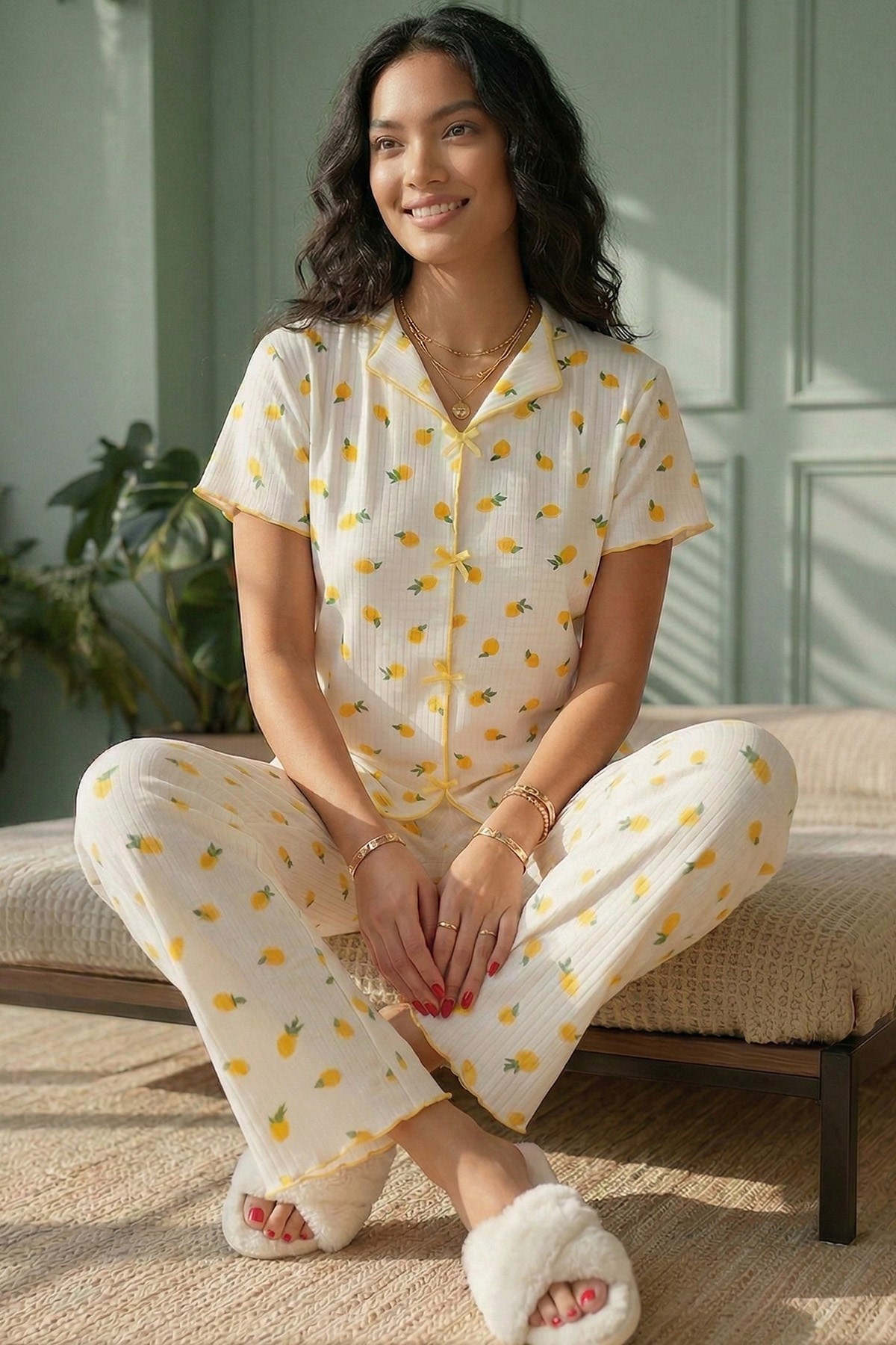 Kadın Limon Desenli Biyeli V Yaka Kısa Kol Altı Uzun Kaşkorse Pijama Takımı