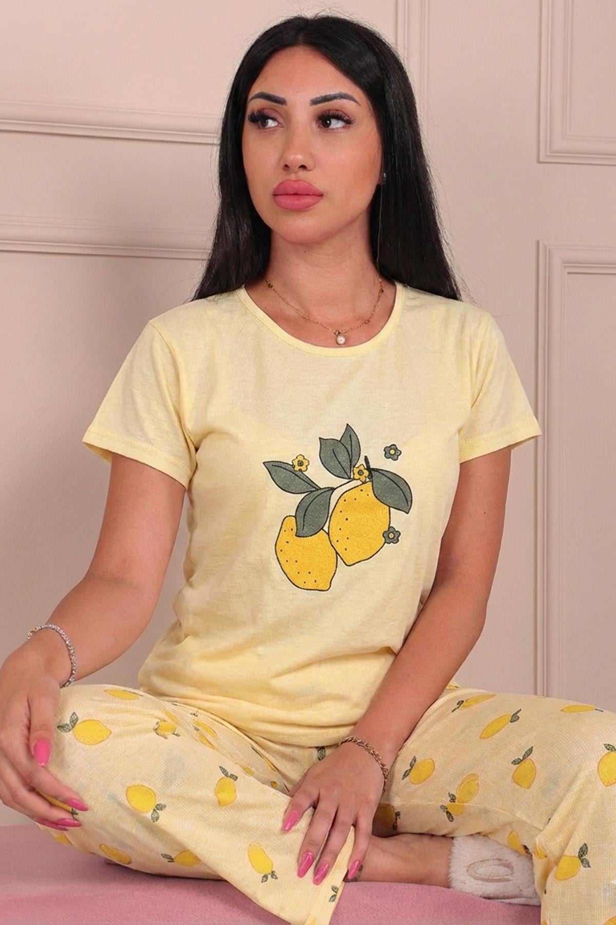 Kadın Limon Desenli ve Altı Desenli Penye Pijama Takımı