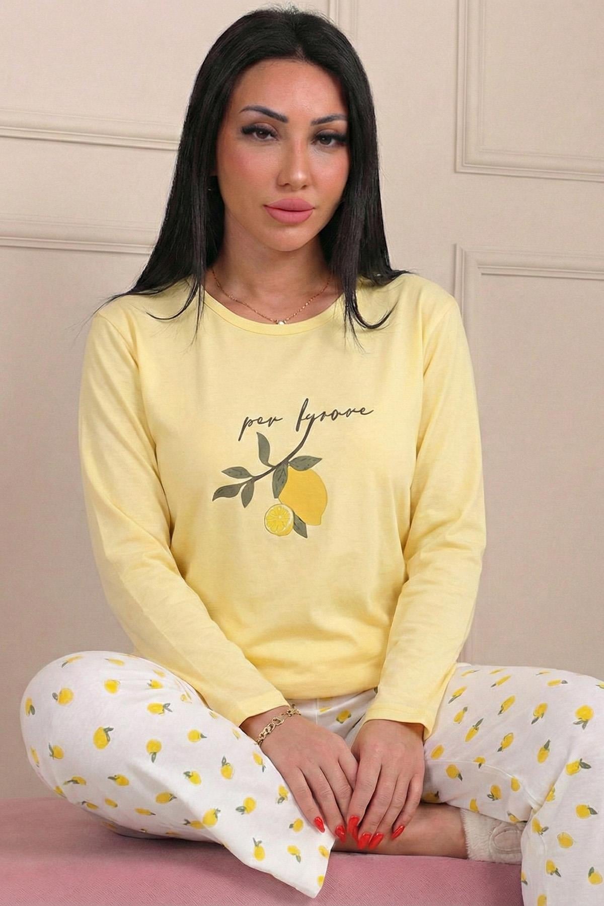 Kadın Limon Desenli ve Altı Desenli Penye Pijama Takımı