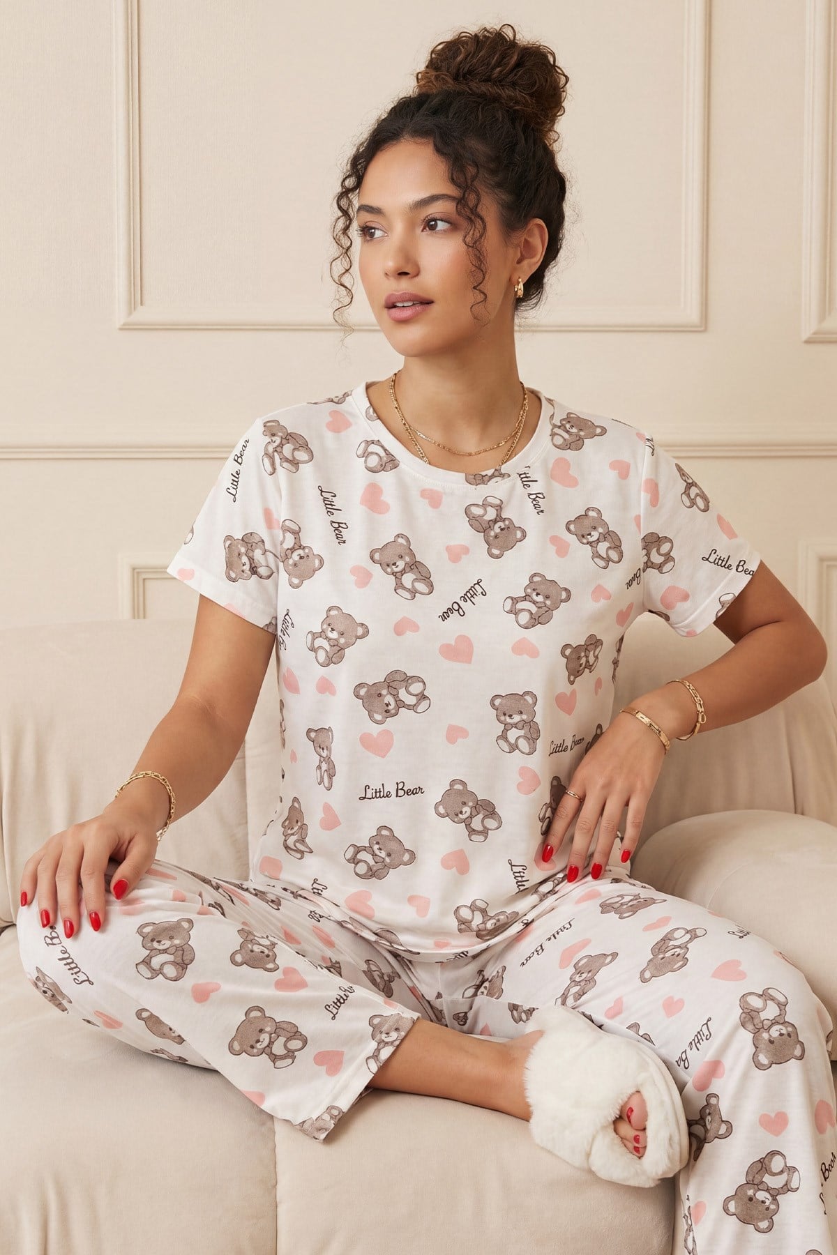 Kadın Minik Ayıcık Desenli Bisiklet Yaka Kısa Kol Altı Uzun Penye Pijama Takımı