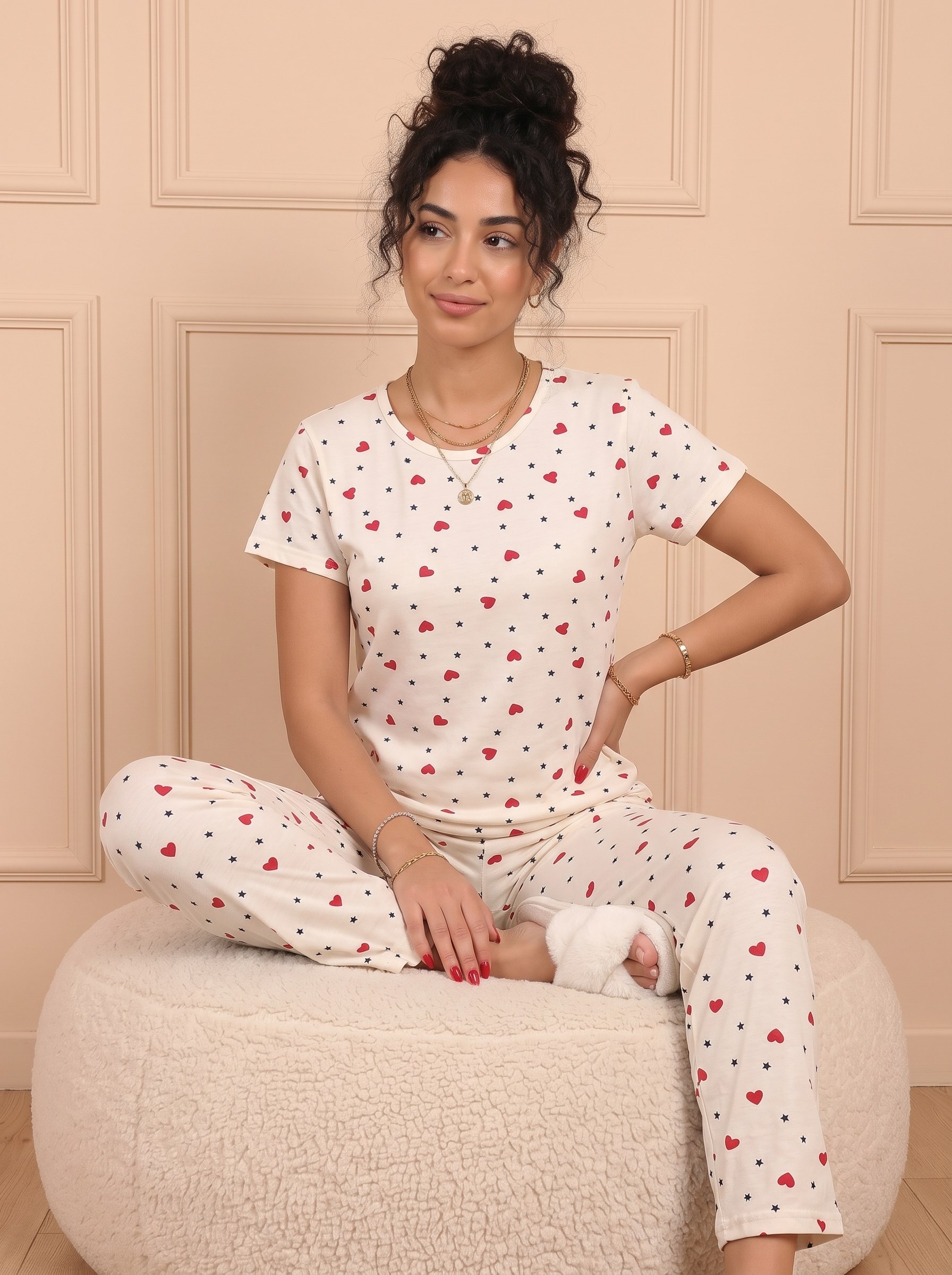 Kadın Minik Kalp Desenli Bisiklet Yaka Kısa Kol Altı Uzun Penye Pijama Takımı
