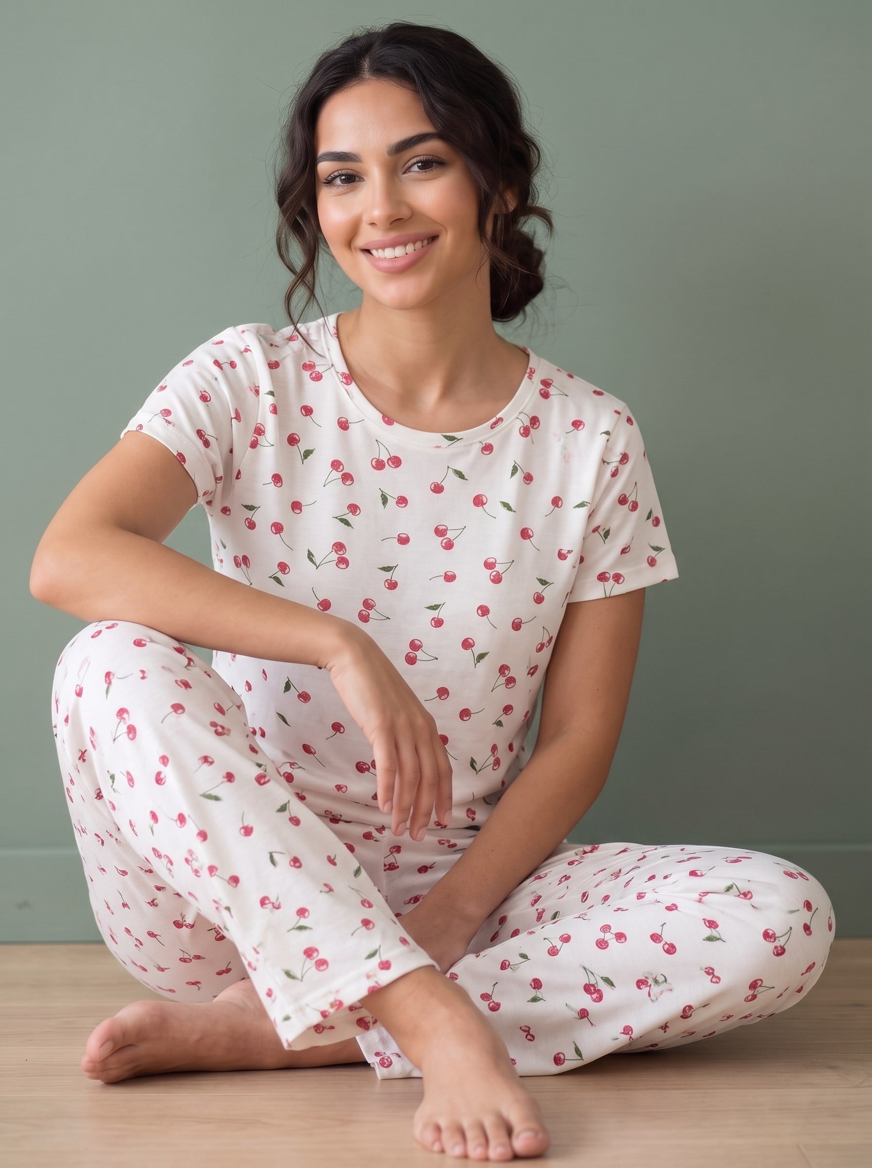 Kadın Minik Vişne Desenli Bisiklet Yaka Kısa Kol Altı Uzun Penye Pijama Takımı