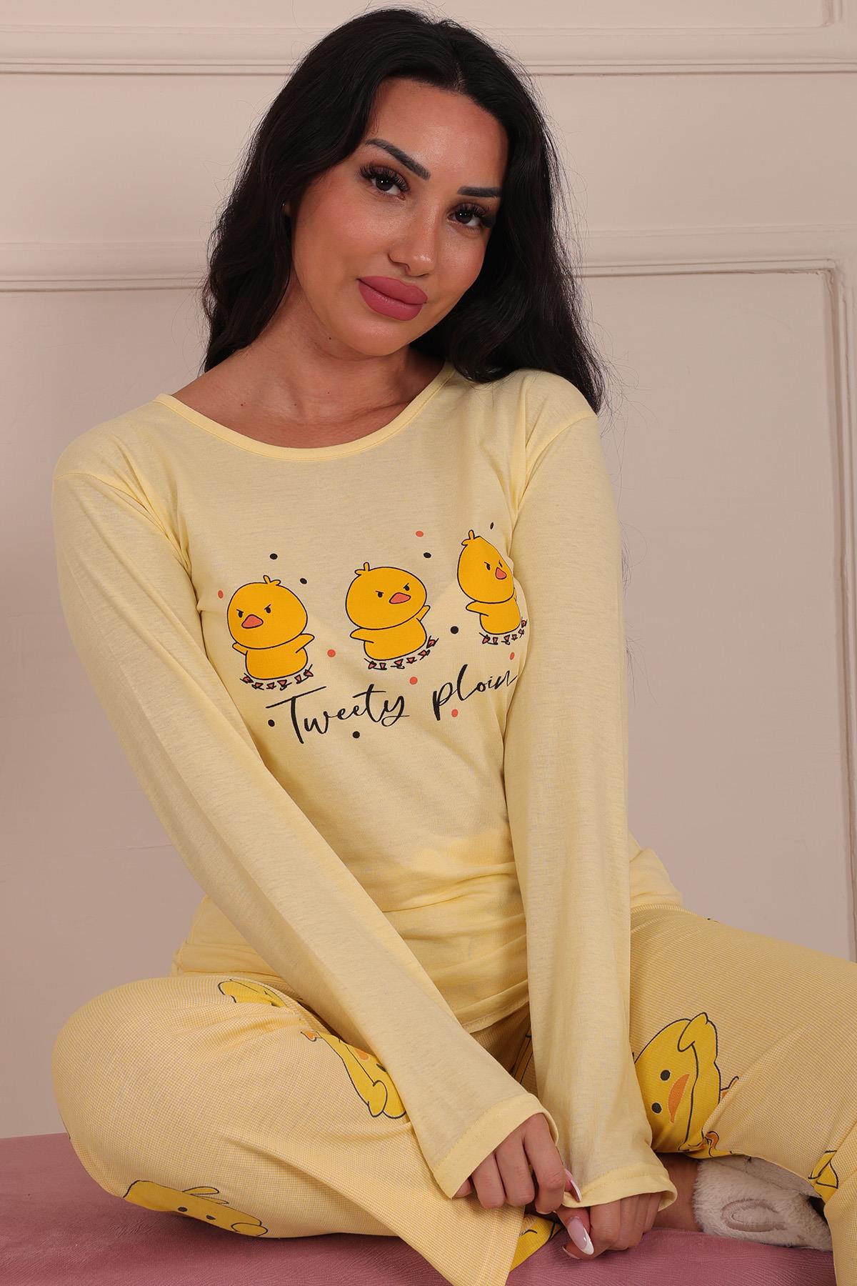 Kadın Ördek Yavursu Desenli Bisiklet Yaka Uzun Kol Altı Uzun Penye Pijama Takımı