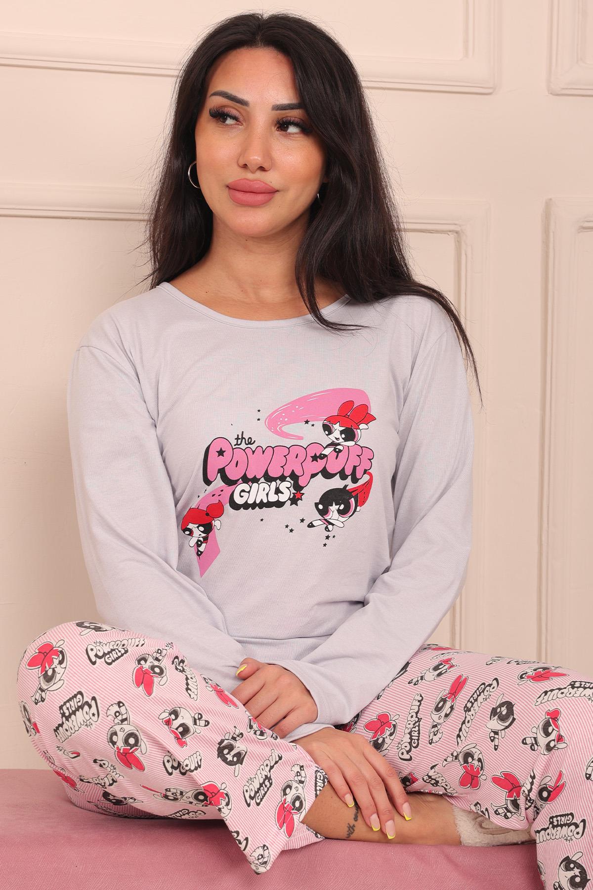 Kadın PowerPuff Girls Sloganlı ve Altı Desenli Bisiklet Yaka Uzun Kol Altı Uzun Penye Pijama Takımı