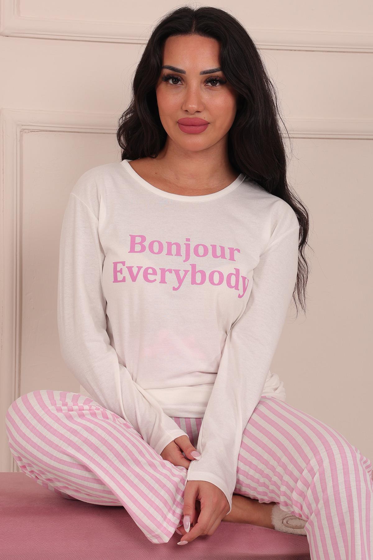 Kadın Sloganlı Bisiklet Yaka Uzun Kol Altı Uzun Penye Pijama Takımı