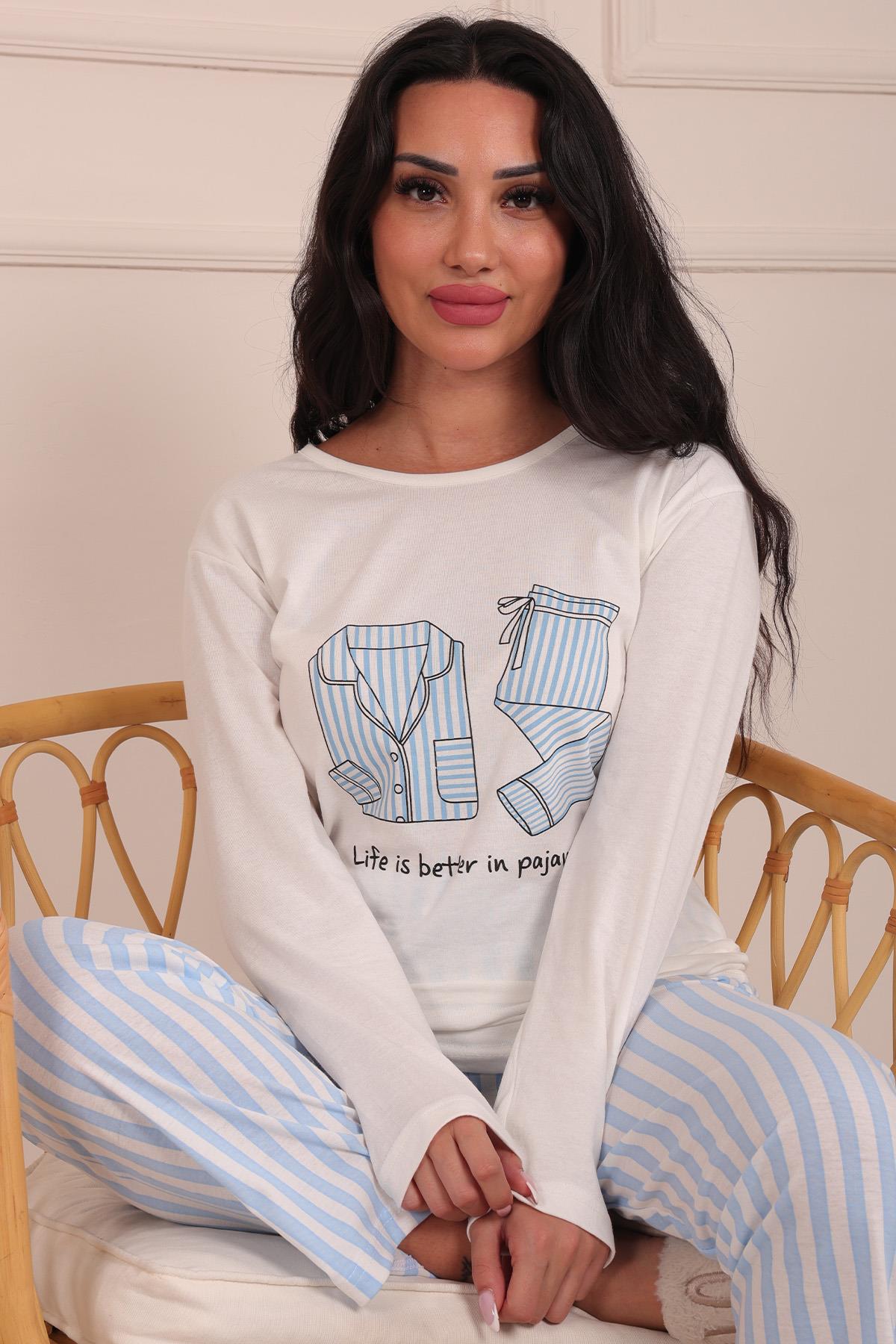 Kadın Sloganlı ve Pijama Desenli  Bisiklet Yaka Uzun Kol Altı Uzun Penye Pijama Takımı