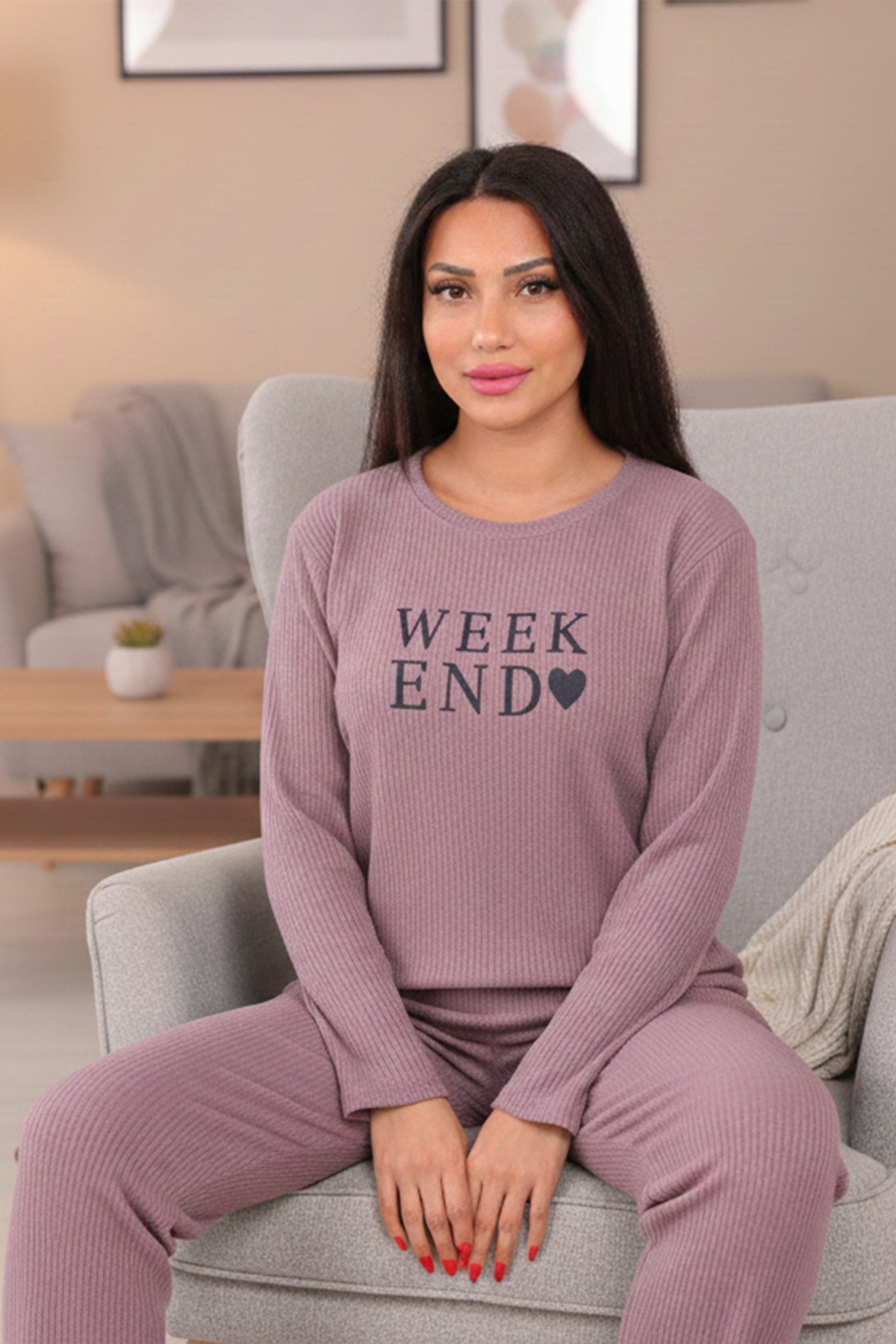 Kadın Week End İşlemeli ve Fitilli Bisiklet Yaka Uzun Kol Altı Uzun Pamuklu Pijama Takımı