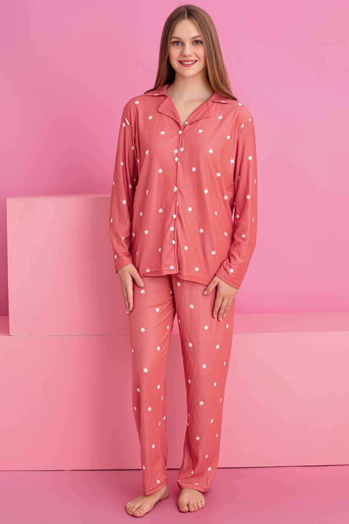 Kadın Yıldız  Desenli Önü Düğmeli Uzun Kol Altı Uzun Süet Pijama Takımı
