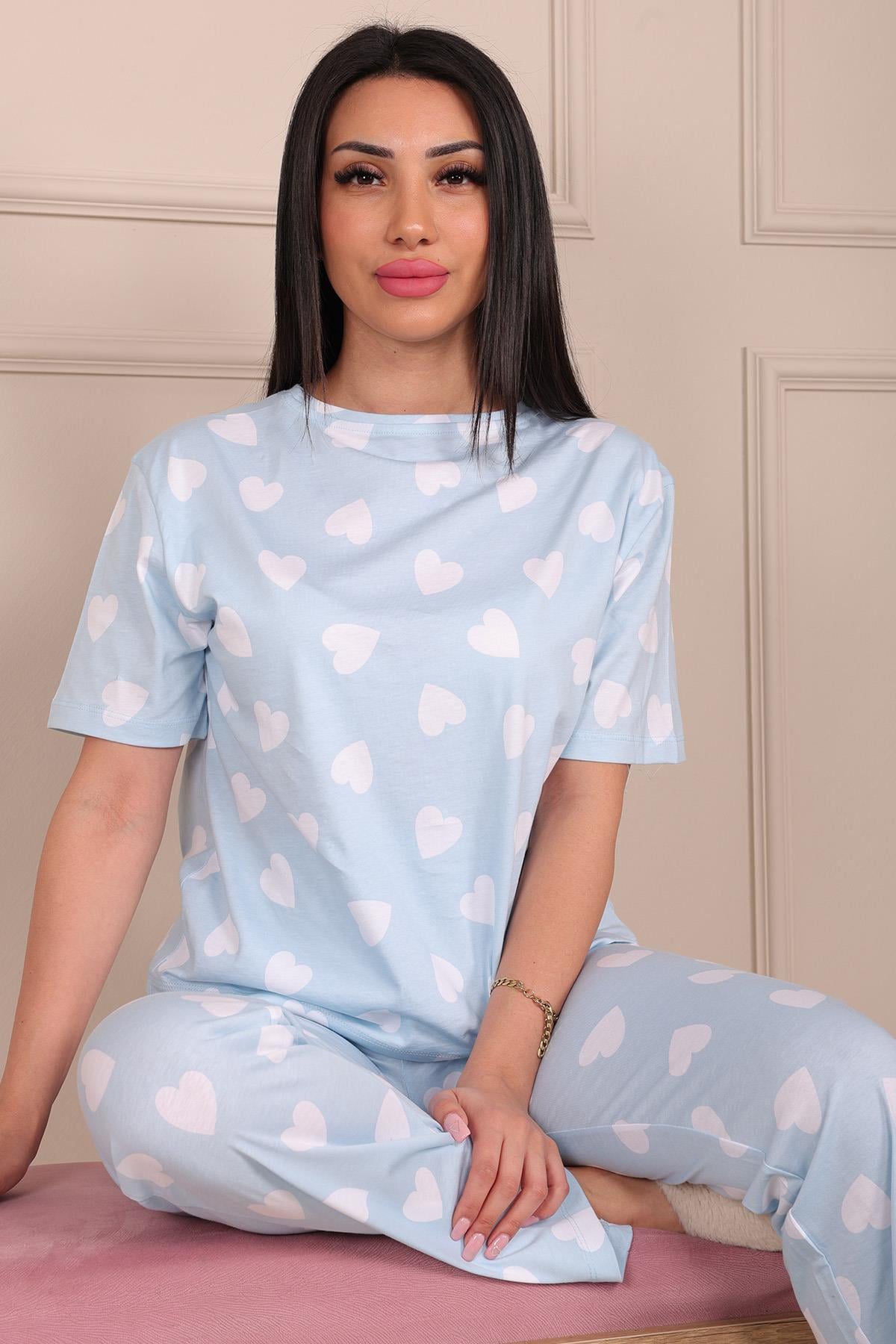 Kalp Desenli Kısa Kol Altı Uzun Pİjama Takımı BEBE MAVİSİ