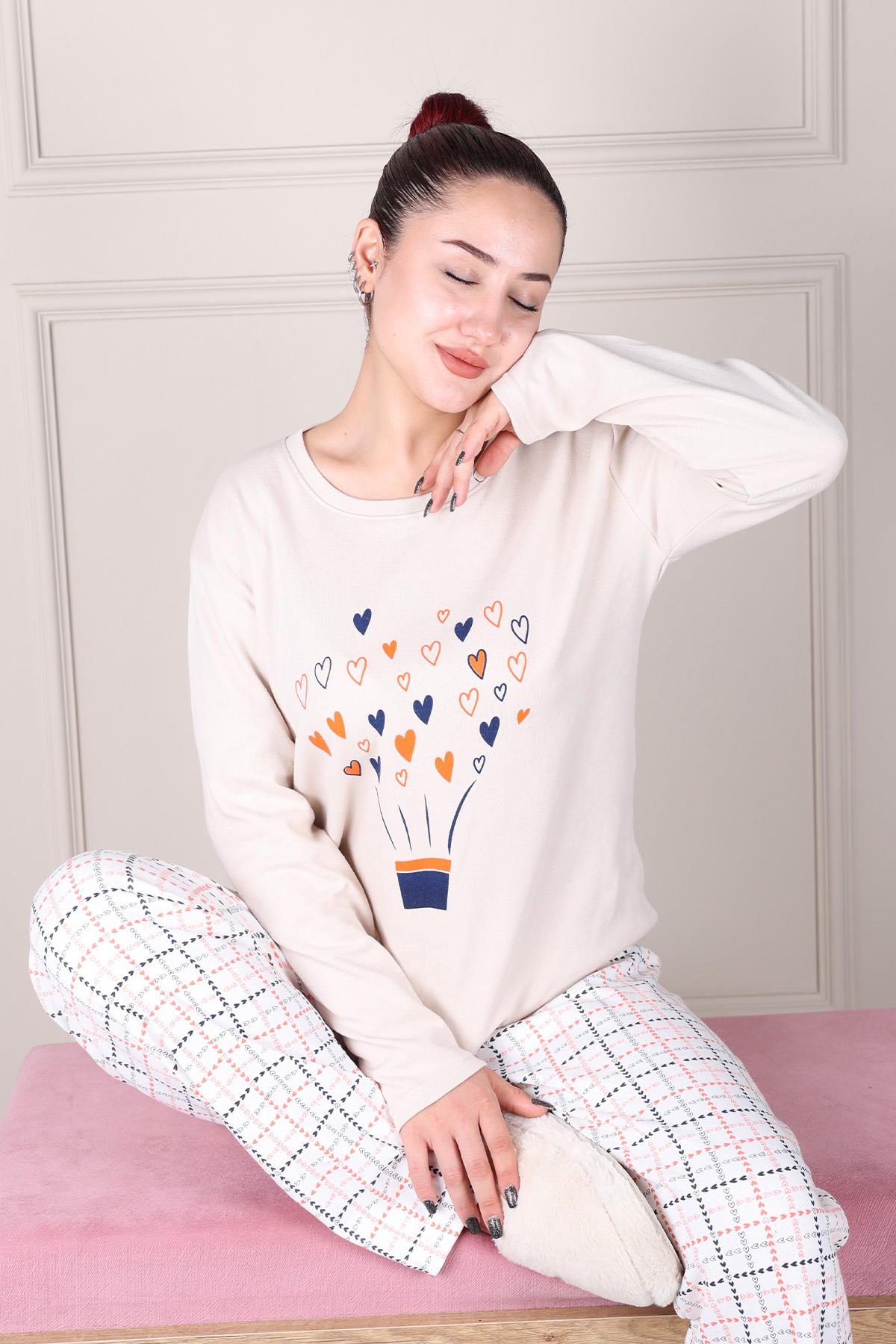 Heart Patterned Long Sleeve Interlock Pajama Set BEIGE