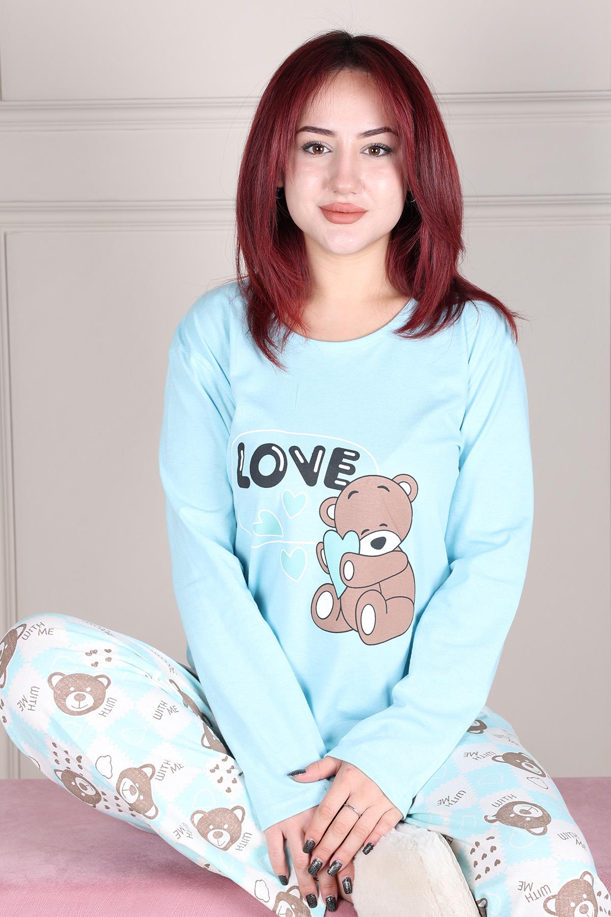 Heart Teddy Bear Patterned Long Sleeve Pajama Set BLUE