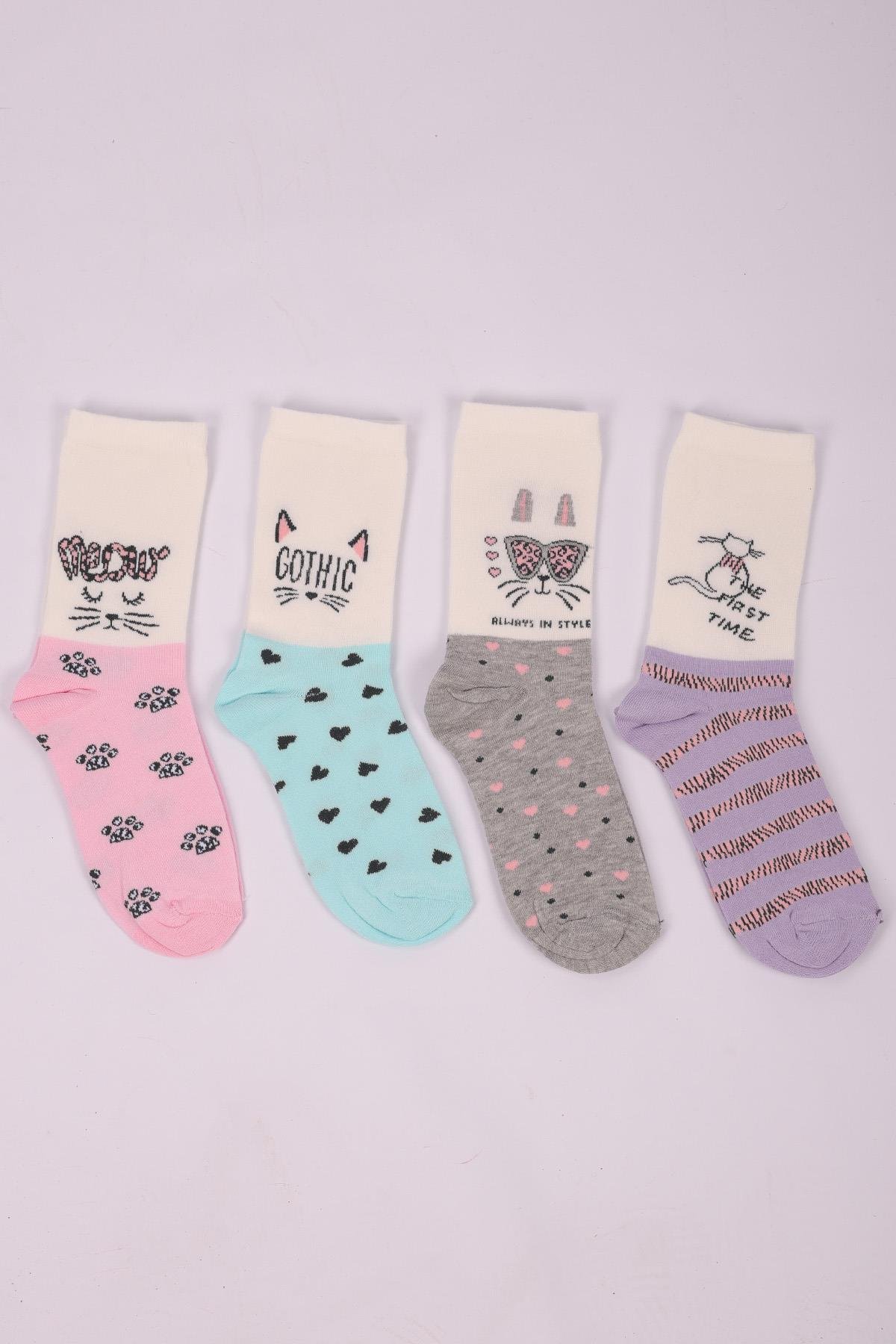 طقم جوارب بناتي منقوش بنقشة قطة مكون من 4 قطع ASORTI