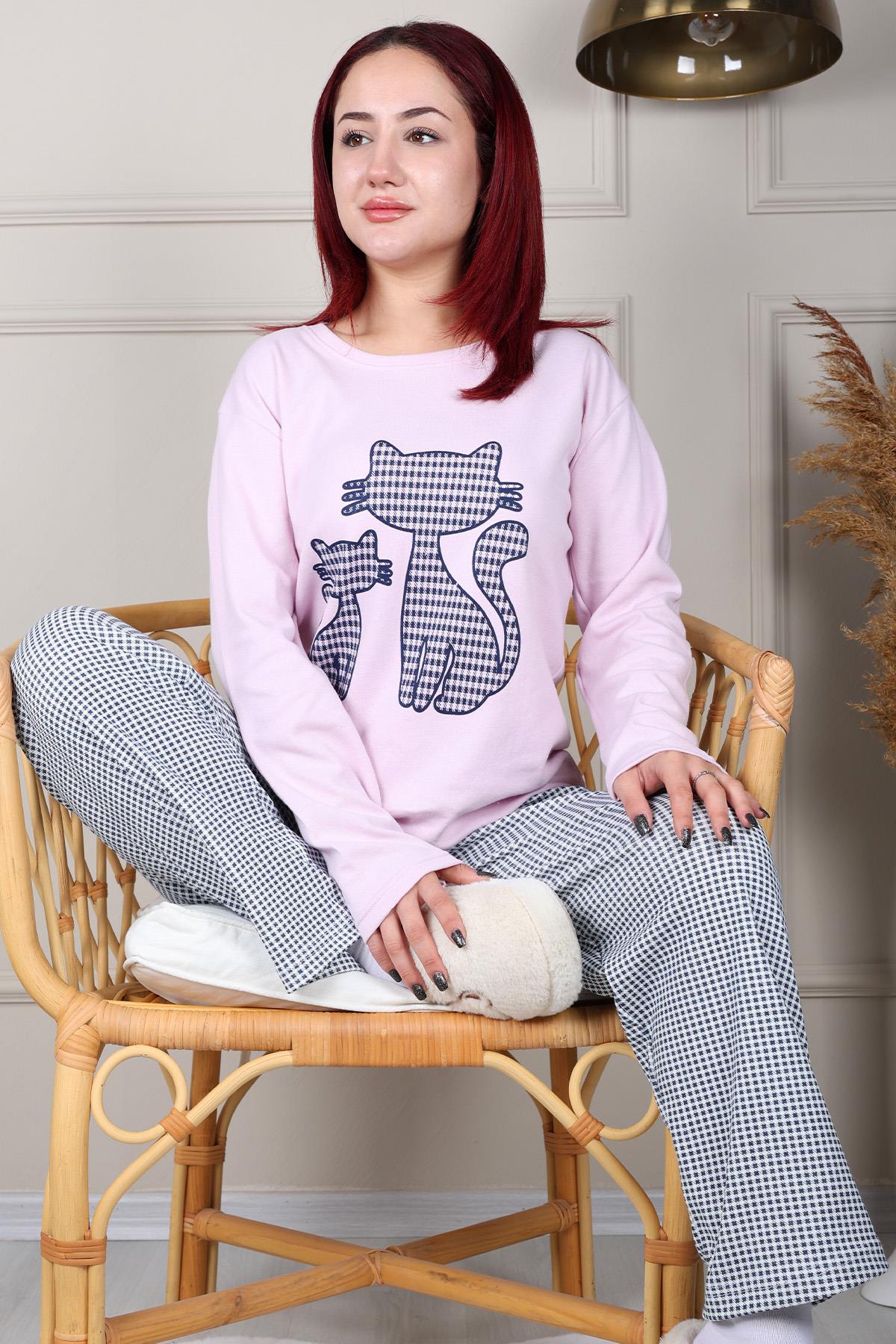 Cat Patterned Long Sleeve Interlock Pajama Set LİLA