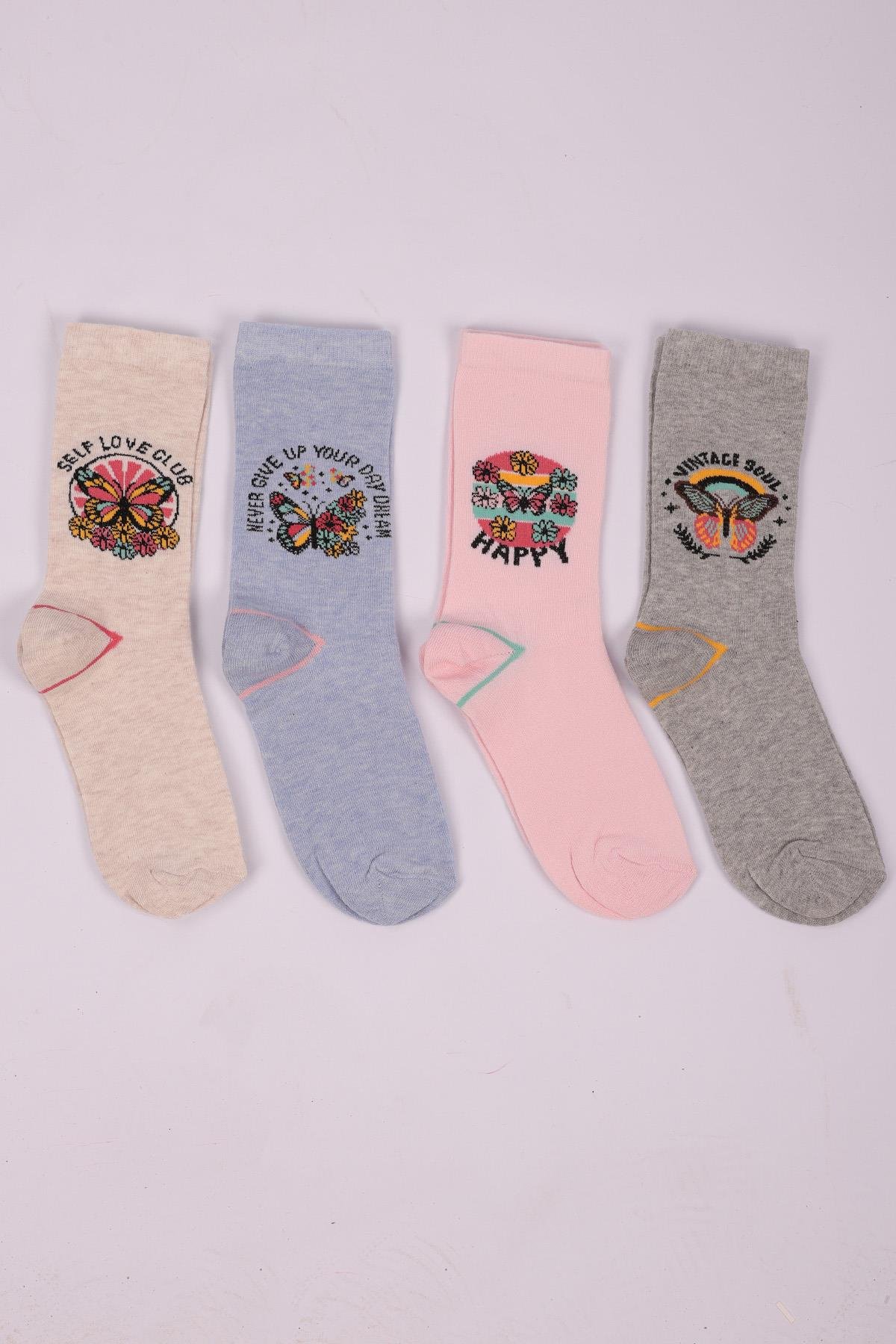 طقم من 4 جوارب بناتي بنقشة الفراشة ASORTI