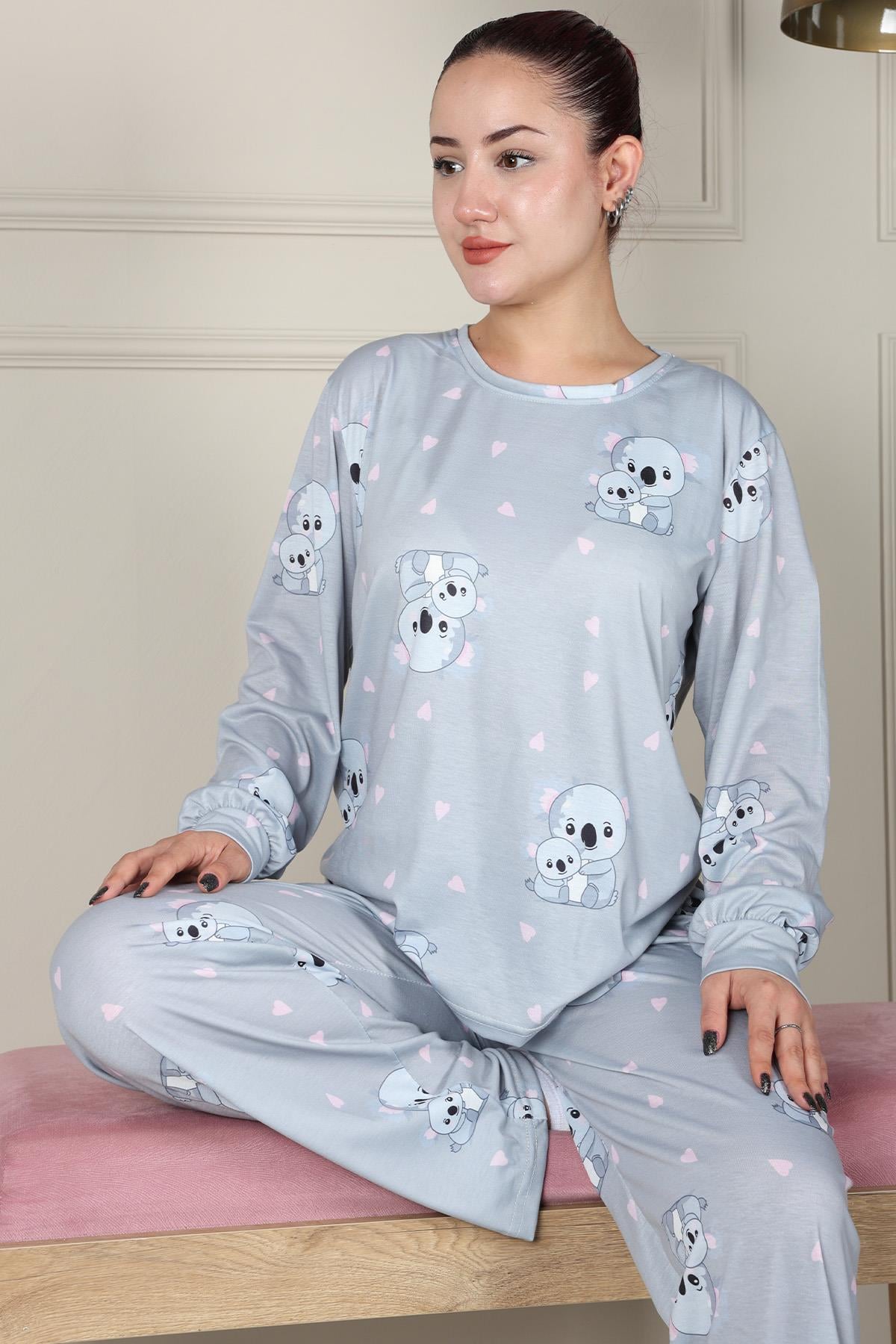 Koala Patterned Long Sleeve Viscose Pajama Set GRAY