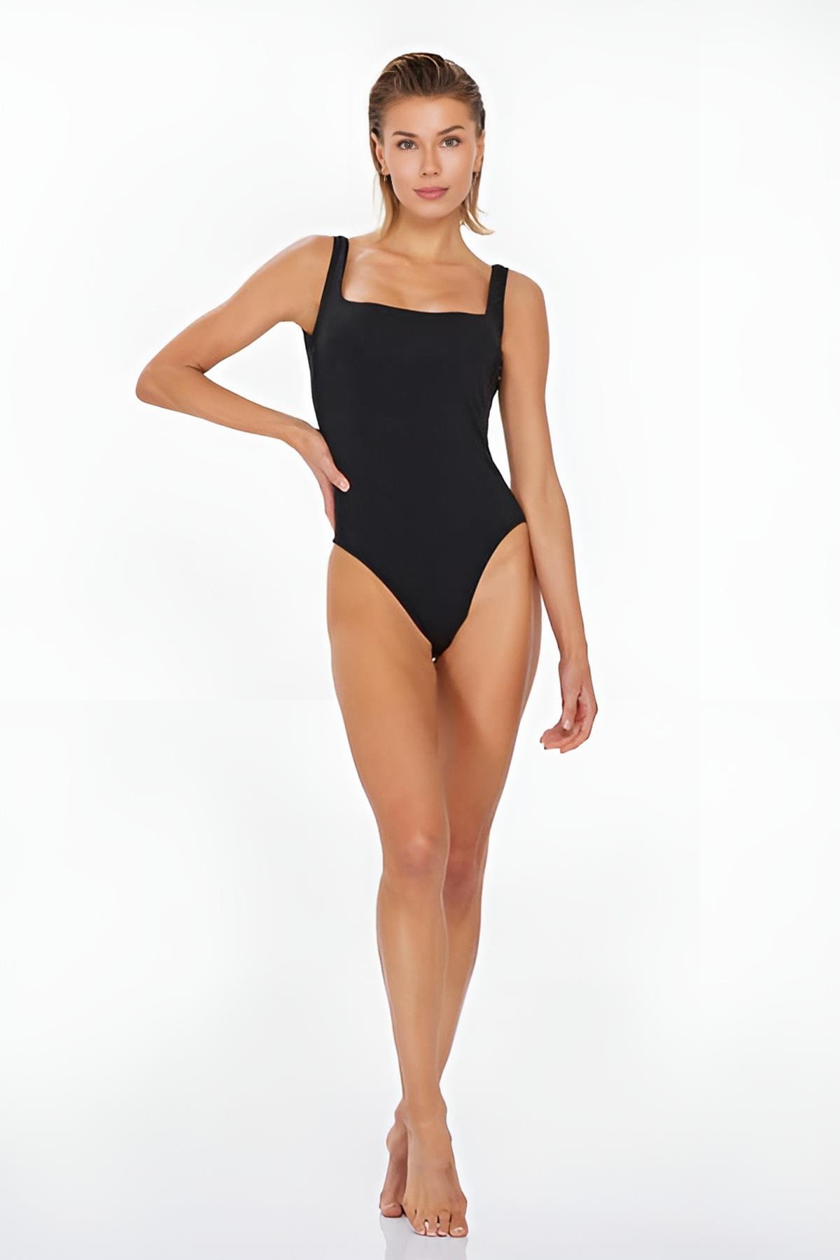 LULANA THICK STRAPS SQUARE COLLAR SWIMSUIT BLACK