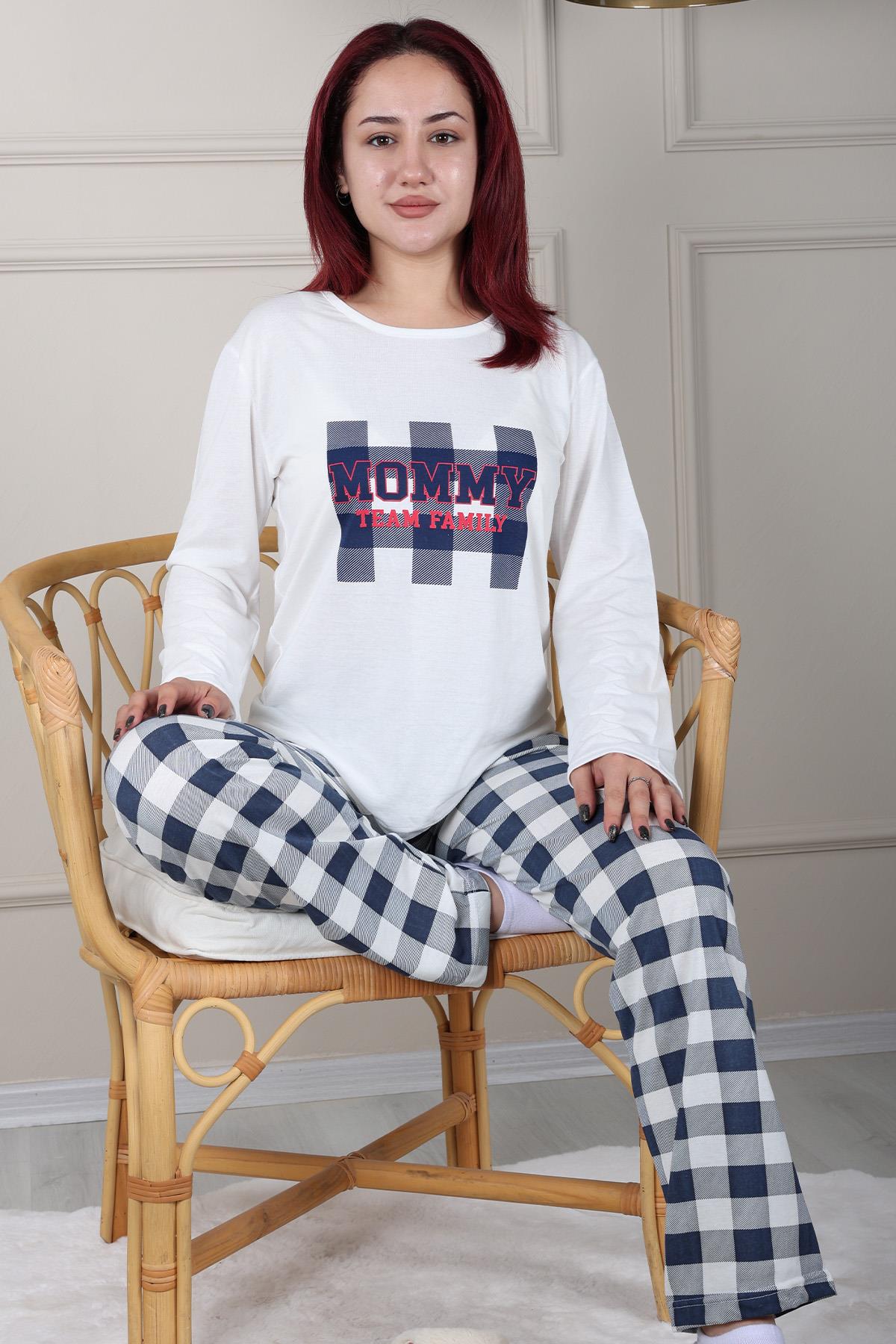 MOMMY WRITTEN CHECKED LONG SLEEVE PAJAMAS SET WHITE