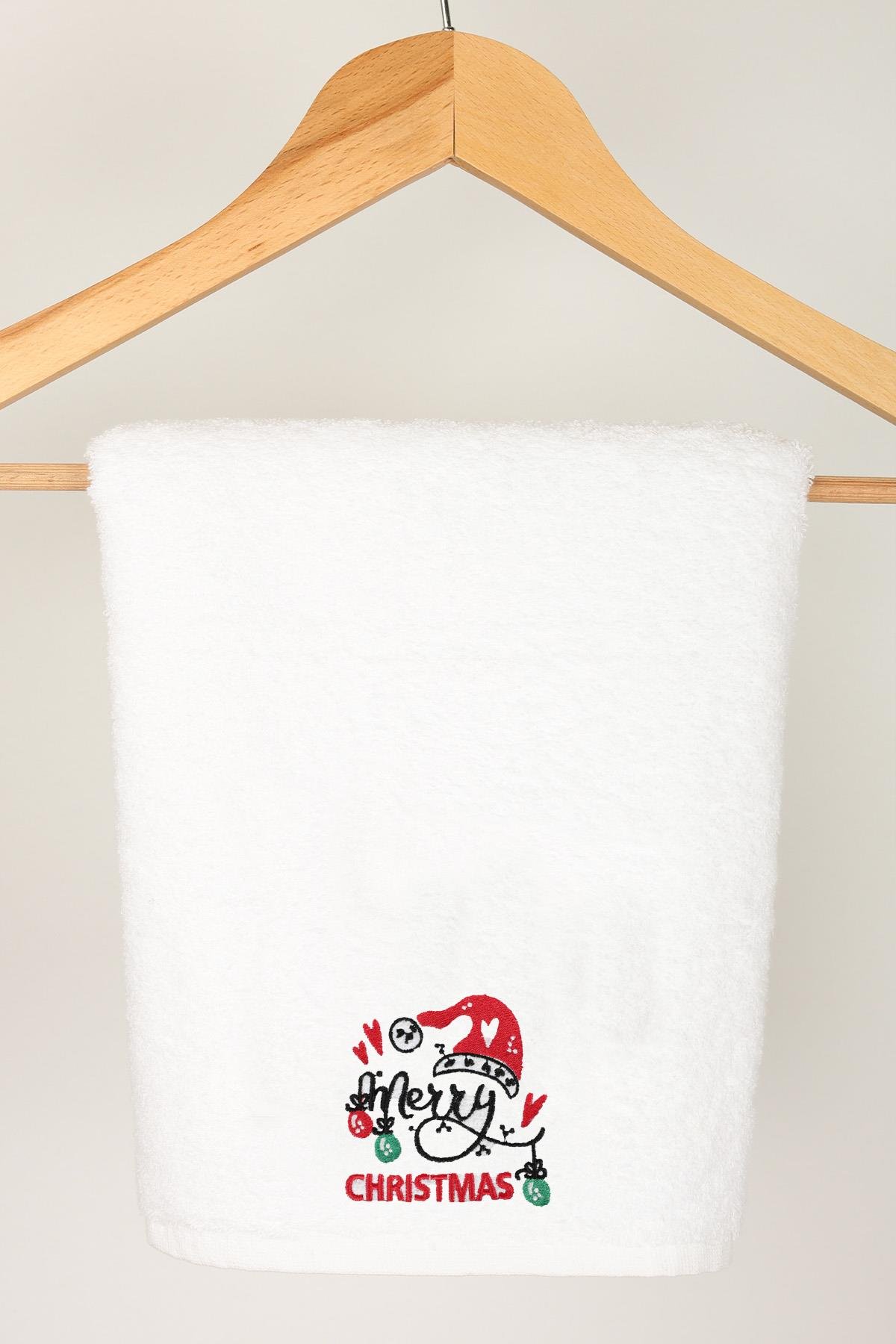 منشفة يد ووجه مطرزة مقاس 50x80 باللون الأبيض - قبعة عيد الميلاد منقوشة