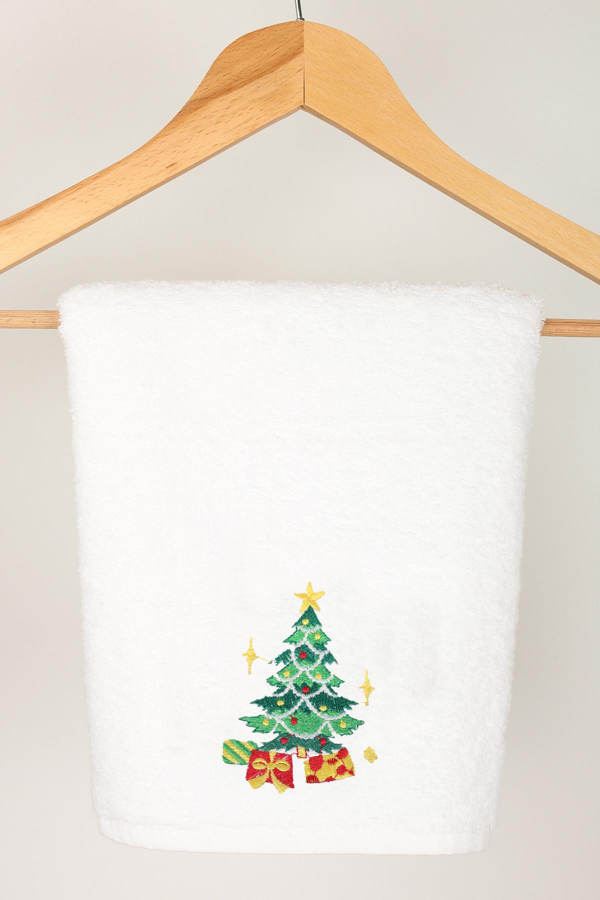 منشفة يد ووجه مطرزة مقاس 50x80 لون أبيض وشجرة صنوبر