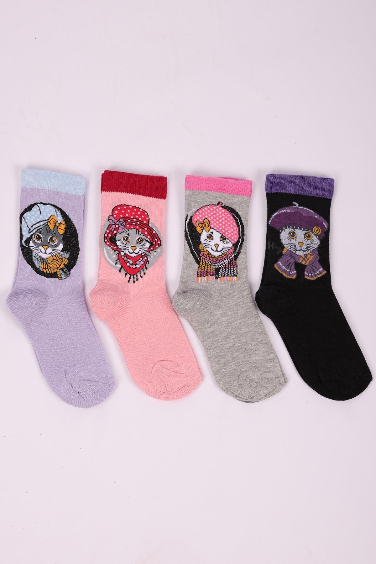 طقم جوارب بناتي منقوش على شكل قطة مكون من 4 قطع ASORTI