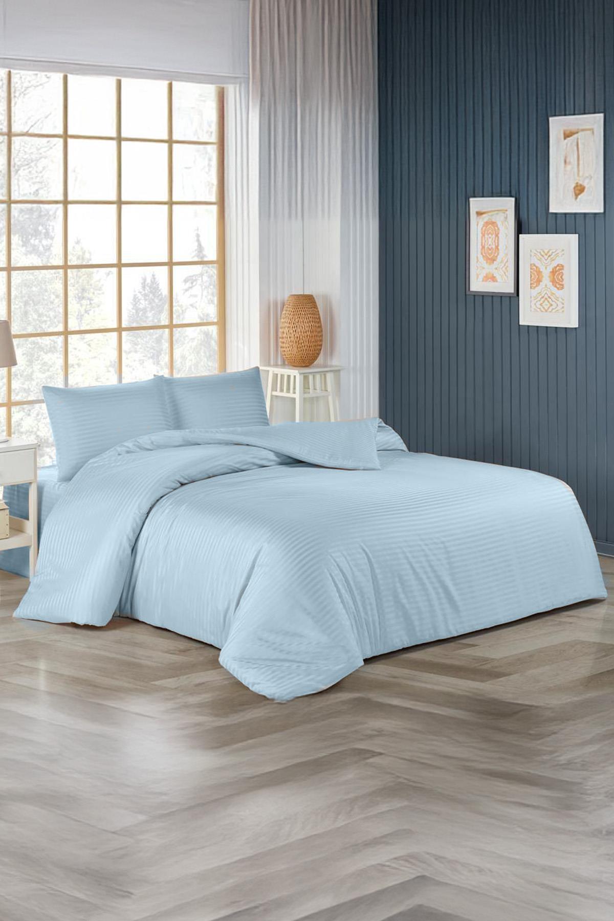 طقم غطاء لحاف فردي من الساتان باللون الأزرق الفاتح