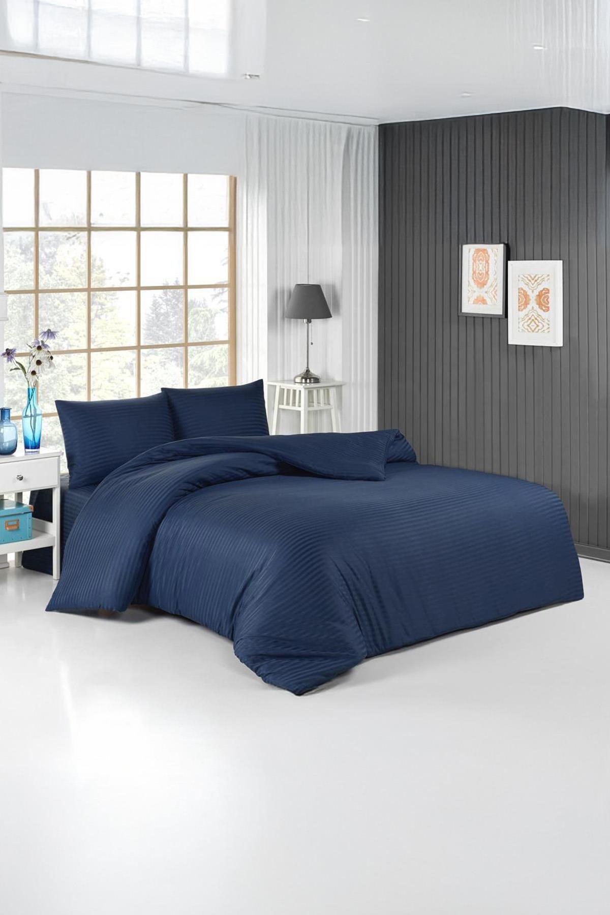 طقم غطاء لحاف فردي من الساتان باللون الأزرق الداكن