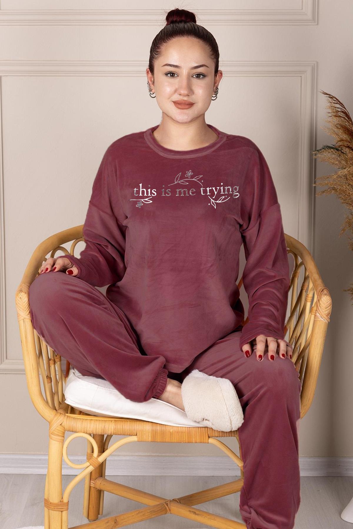 Long Sleeve Velvet Pajama Set with Slogan: CHERRY ROTTEN