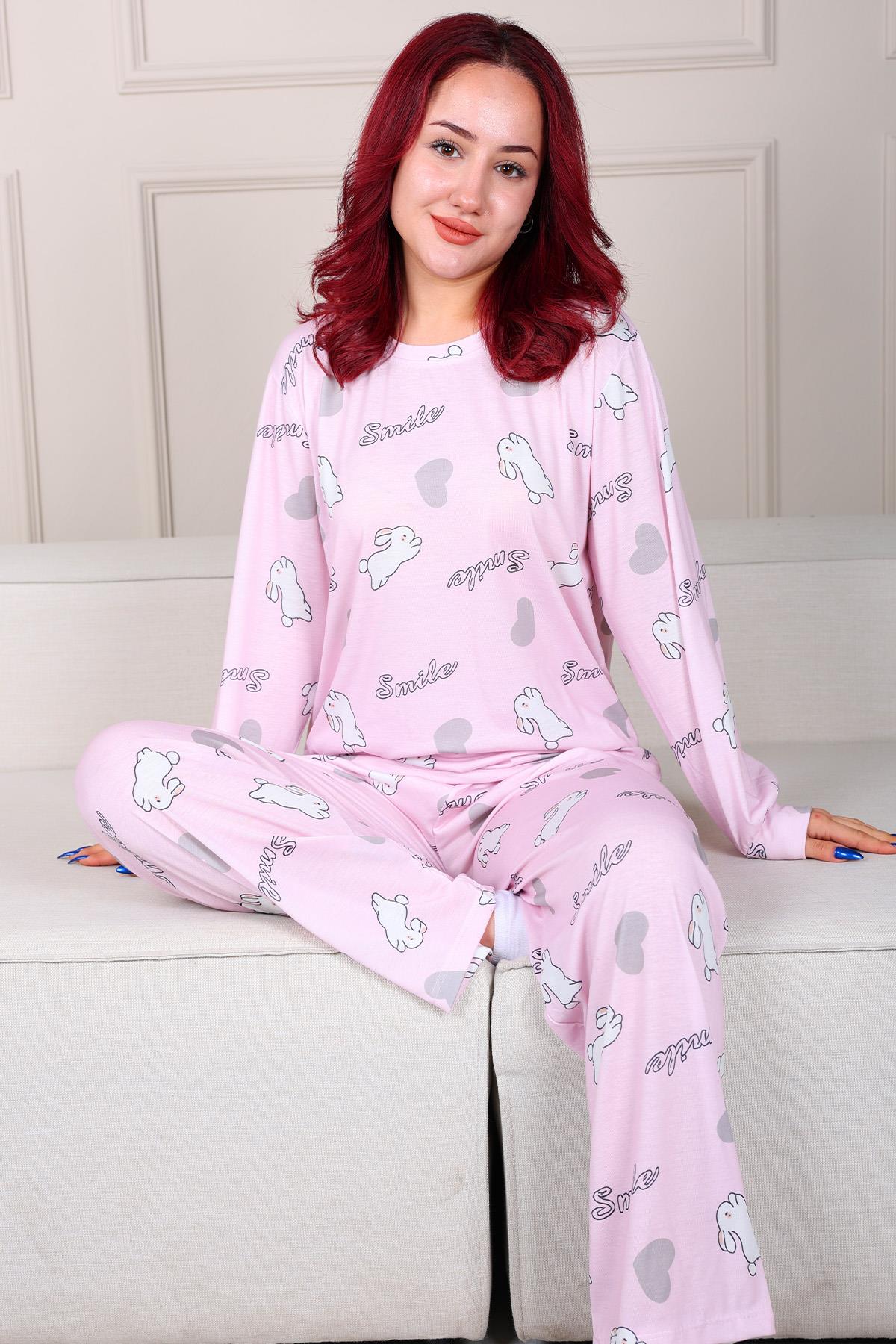 Rabbit Patterned Long Sleeve Pajama Set POWDER