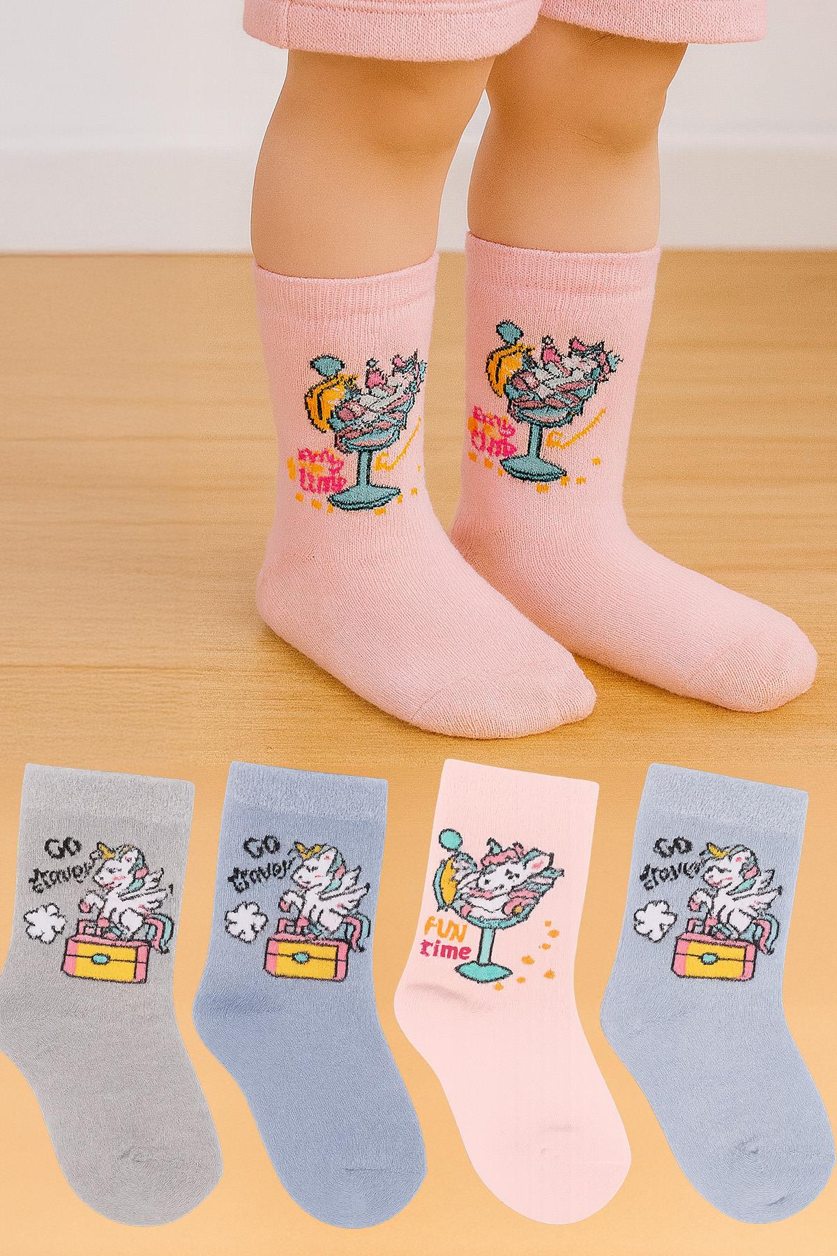 طقم جوارب للفتيات مكون من 4 قطع بتصميم وحيد القرن ASORTI