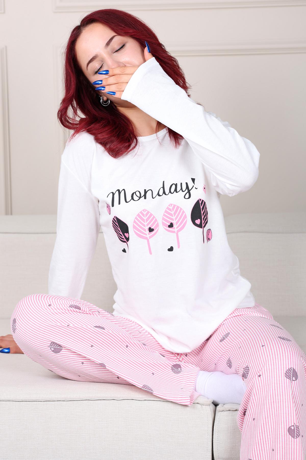 Monday Slogan Long Sleeve Pajama Set WHITE