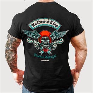Kustom King Road Wings Sırt Baskılı Bisiklet Yaka Siyah T-Shirt